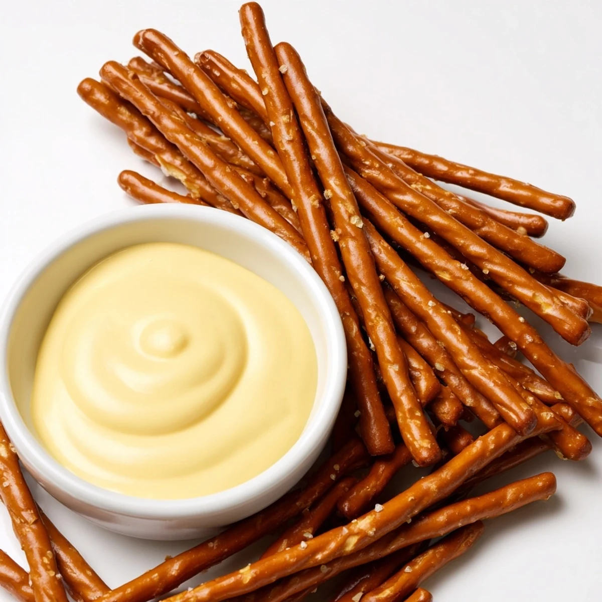 Crunchy pretzel rods beside a small bowl of vibrant, golden hot mustard dip for dipping.
