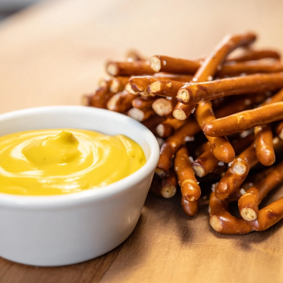 Close-up of pretzel rods with hot mustard dip—a quick, easy appetizer for game nights.