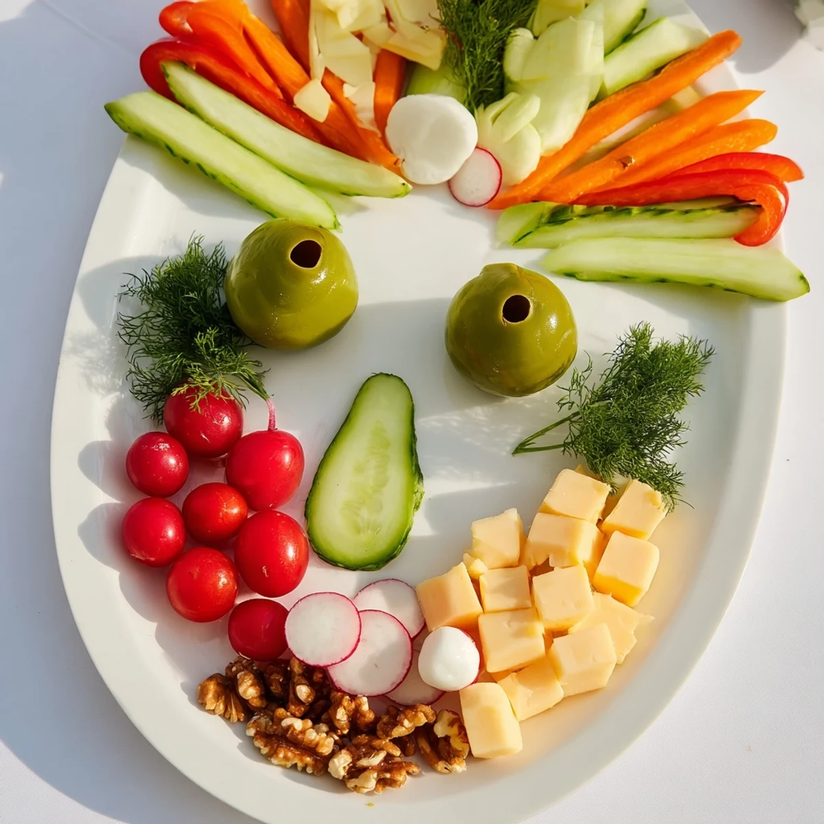 A vibrant Masquerade Mask appetizer platter with colorful fruits and cheeses arranged in a mask shape.