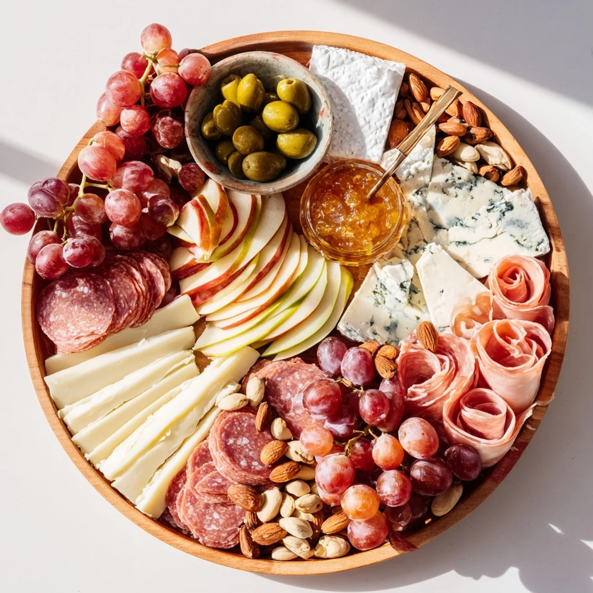 A beautifully arranged Elegant Gilded Edge cheese board with grapes and artisan crackers ready to serve.