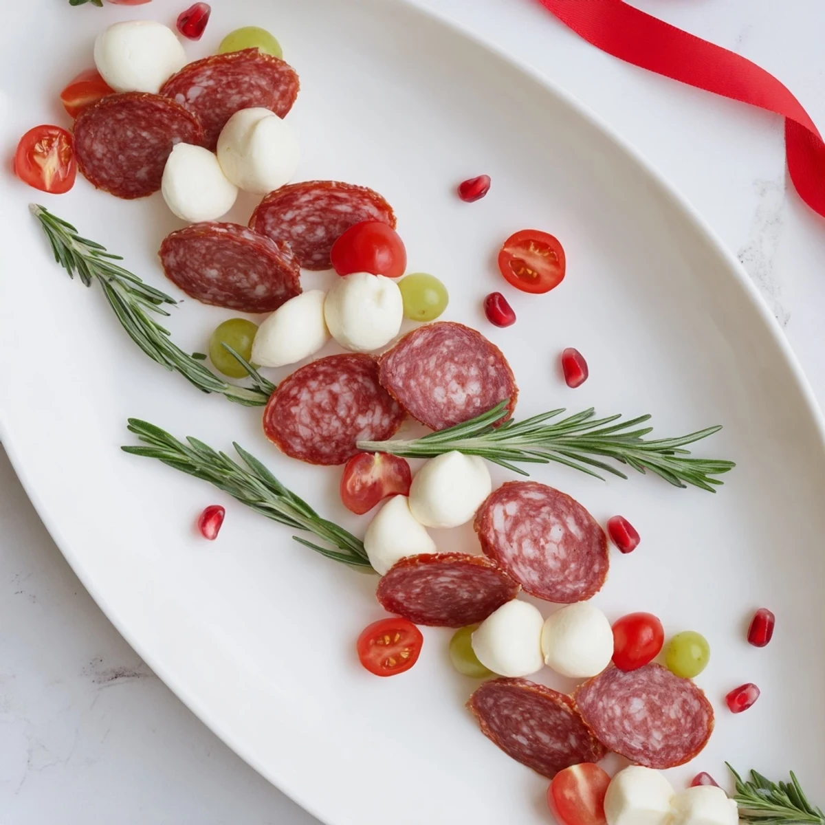 Delicious Candy Cane Zigzag appetizer board showcases salami, mozzarella, and holiday-themed fresh elements.