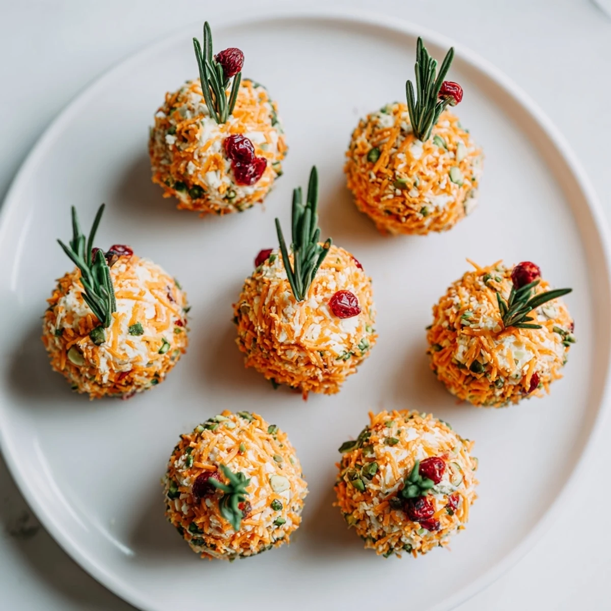 Festive holiday ornament clusters cheese balls with colorful toppings on a platter, ready to serve.