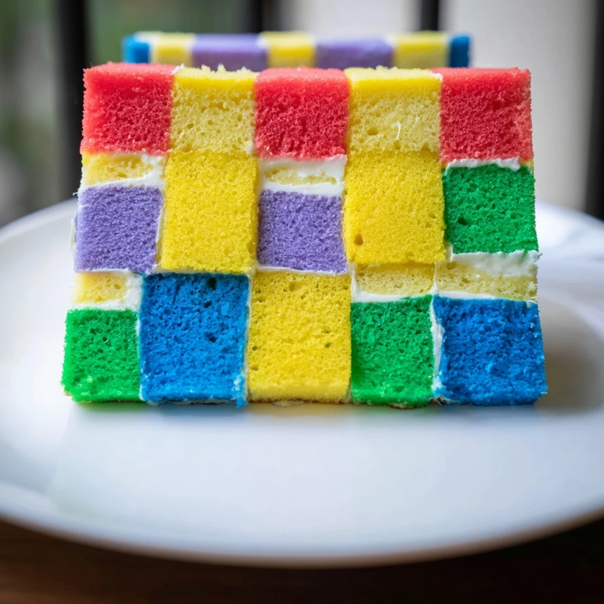 Vibrant patchwork cake, The Cozy Quilt, invites with colorful squares of sponge, perfect for dessert.
