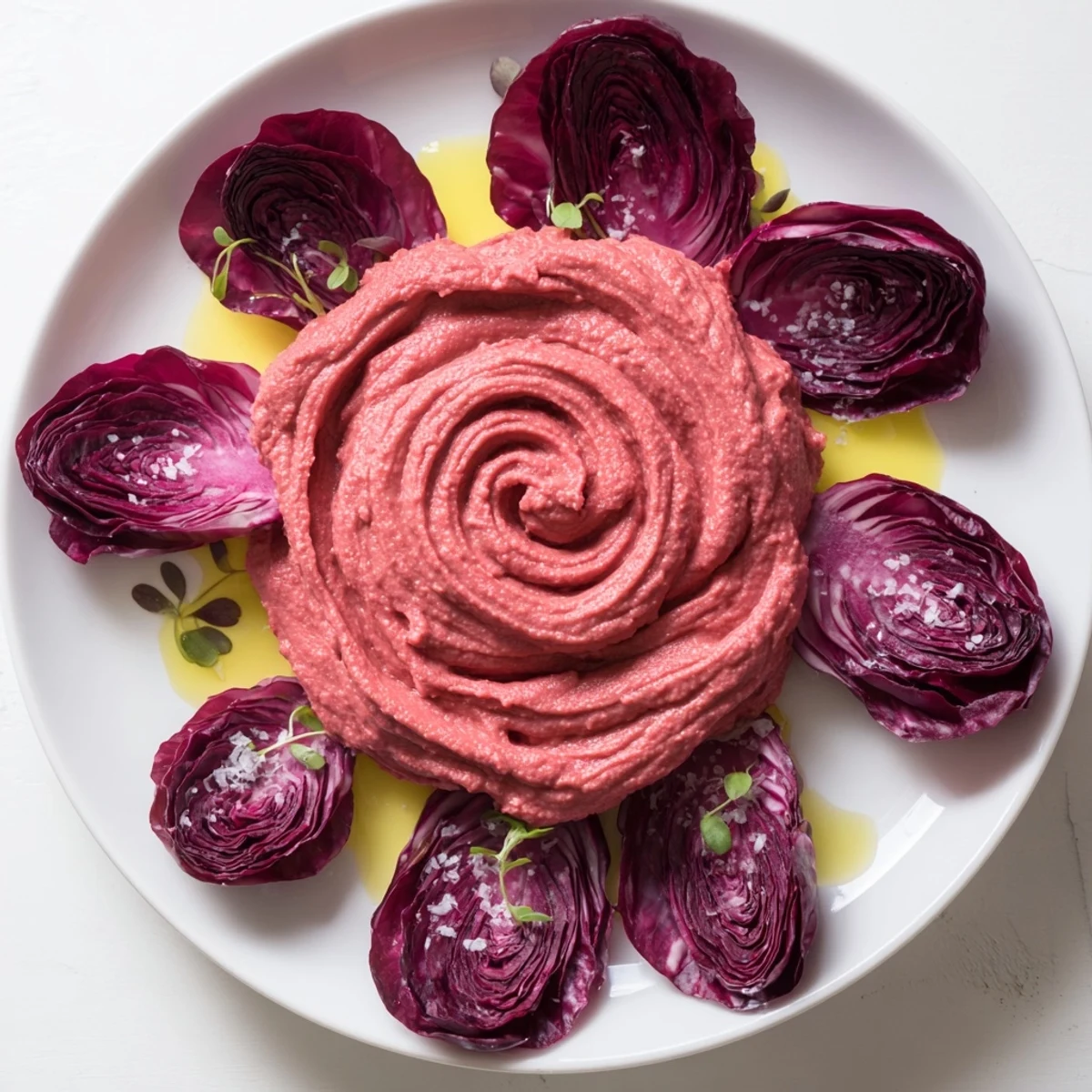 Bright red beet hummus swirls form elegant roses in this The Velvet Rose appetizer.