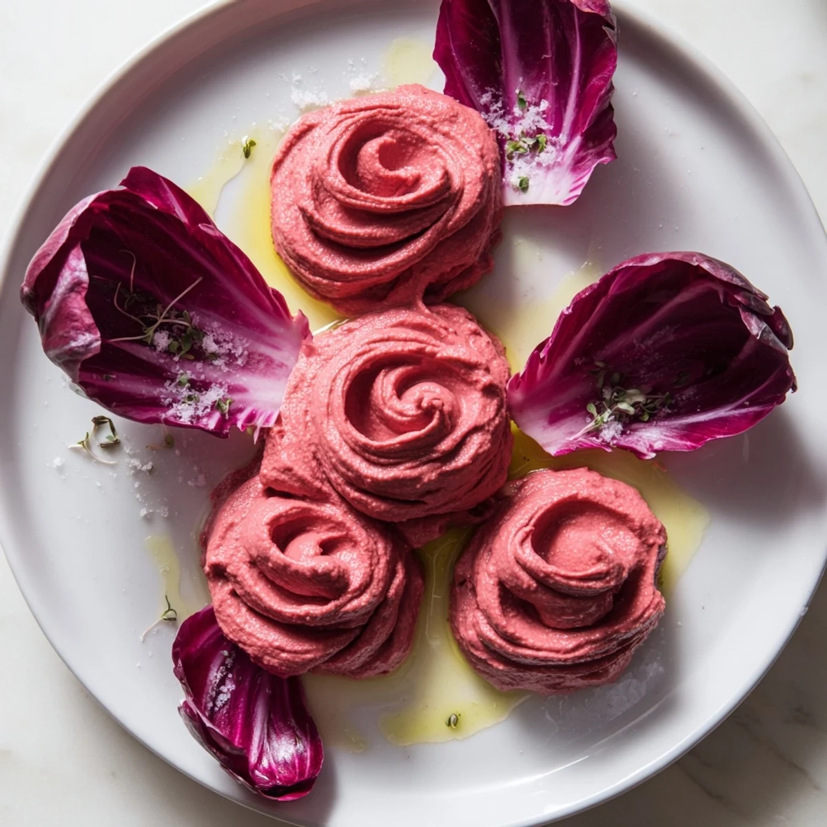 Vibrant The Velvet Rose appetizer: creamy beet hummus roses served with crispy radicchio leaves.