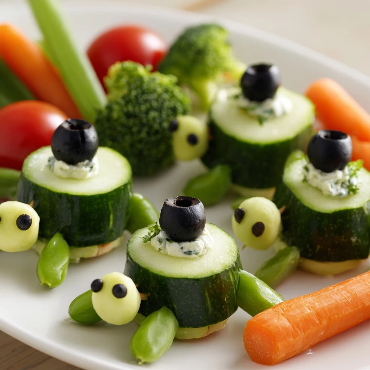 Slow & Savory Turtle Crudités: Colorful appetizer platter featuring whimsical turtle-shaped vegetable creations and creamy herb dip.