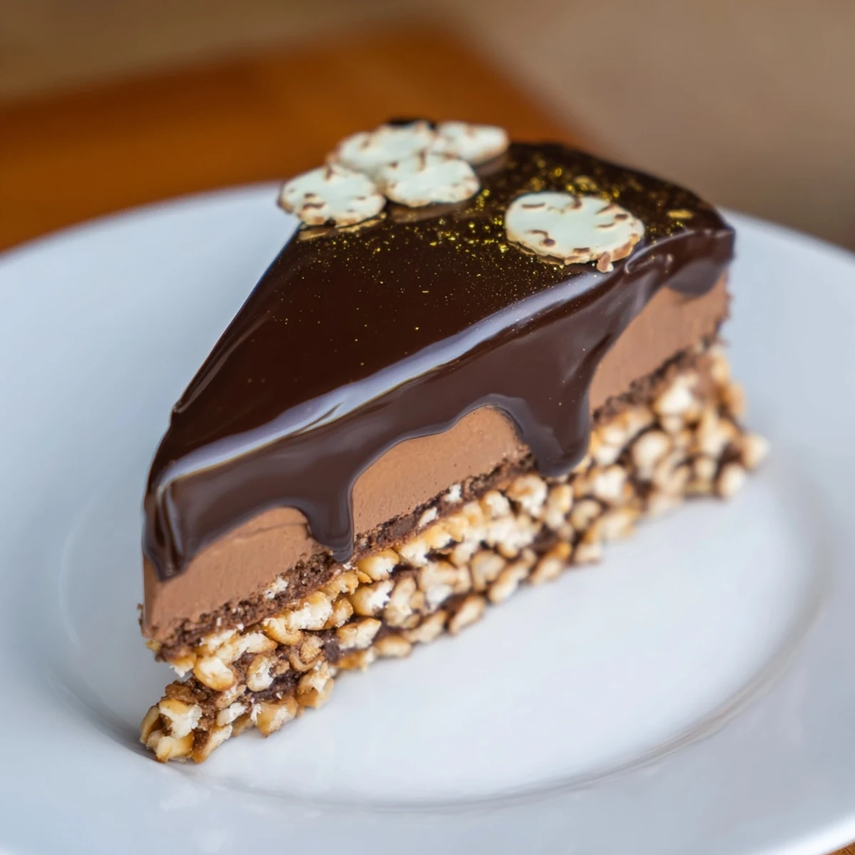 A cross-section of Plaisirs Sucrés Hibou de la Nuit, showing layers of chocolate mousse and crunch.