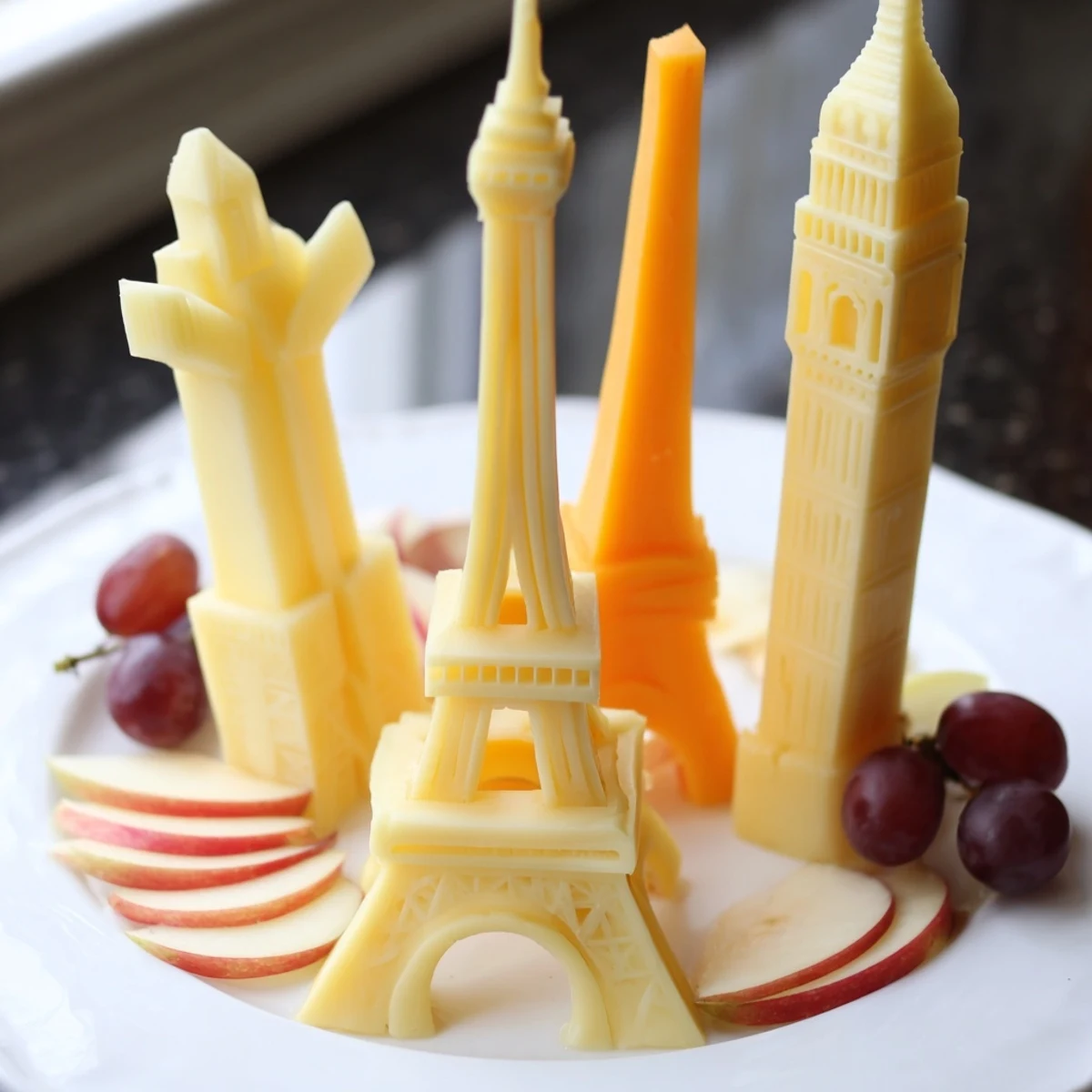 An appetizing Skyline Silhouette appetizer, featuring cheese shaped like city buildings, grapes, and apple slices.