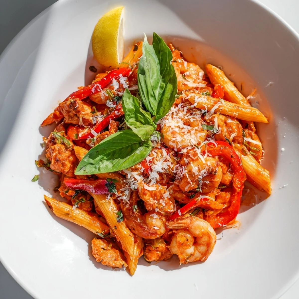 A steaming bowl of one-pot Diavola Pasta with shrimp, garnished with fresh basil and Parmesan cheese.