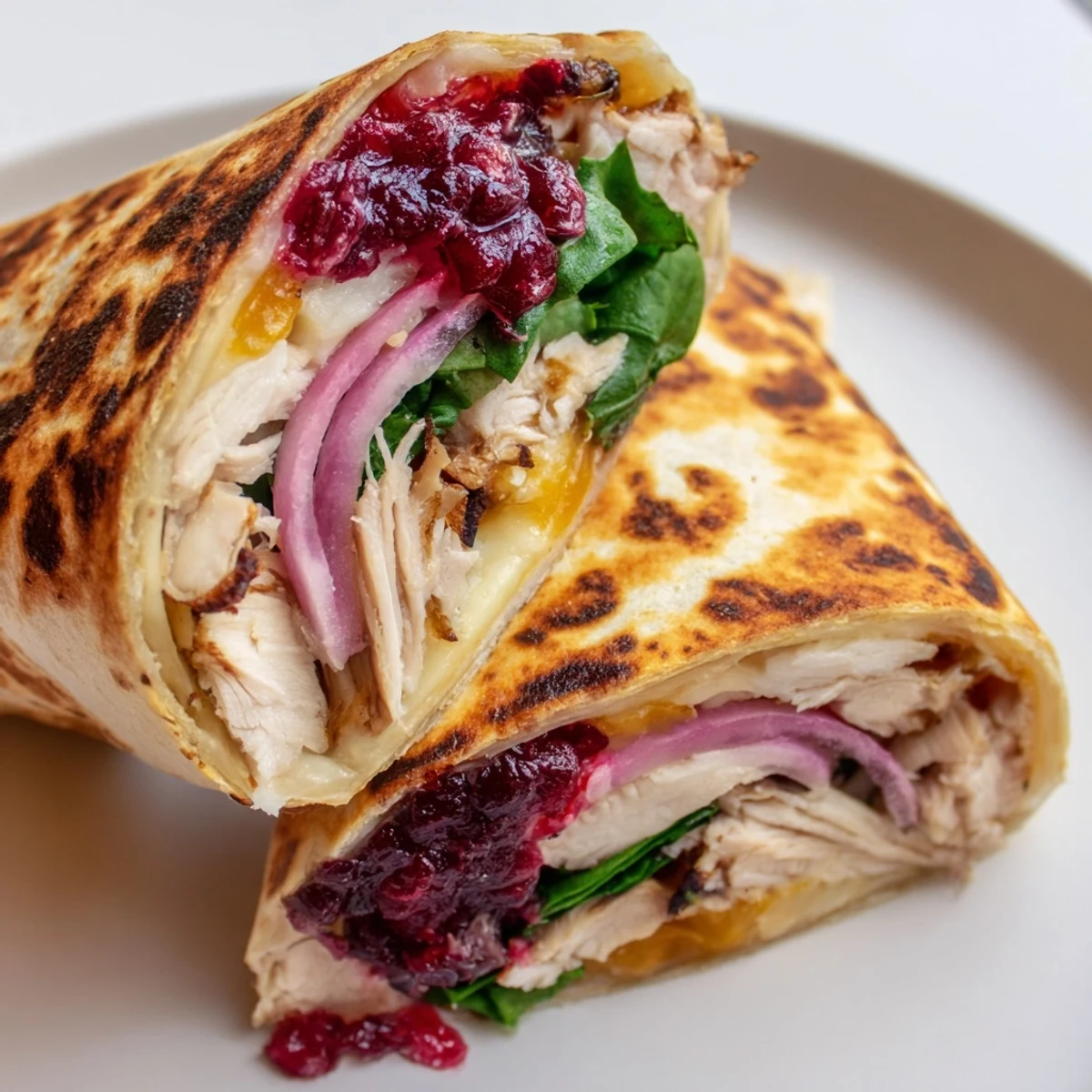 Chicken and Brie Holiday Wrap, melty brie oozing from a toasted wrap, a perfect holiday lunch.