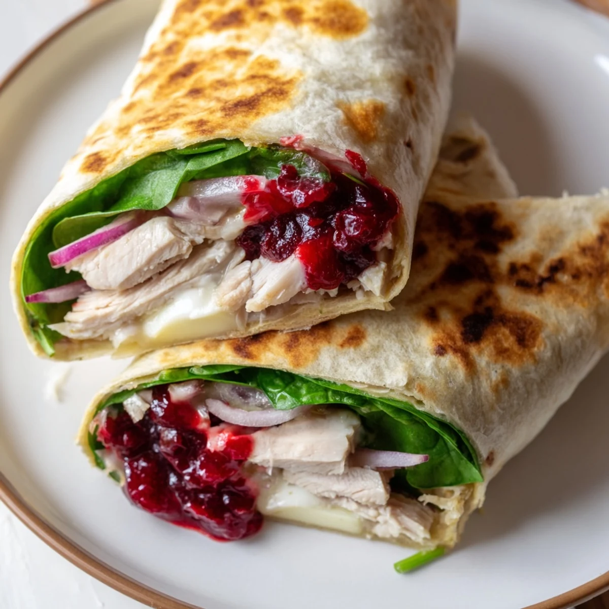 Warm, golden Chicken and Brie Holiday Wrap, packed with chicken, spinach, and cranberry sauce.