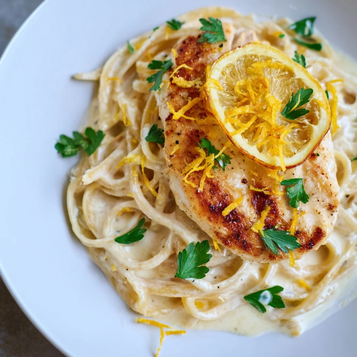 Sliced Pasta with Lemon Brûlée Chicken, garnished with fresh parsley and extra zesty lemon.