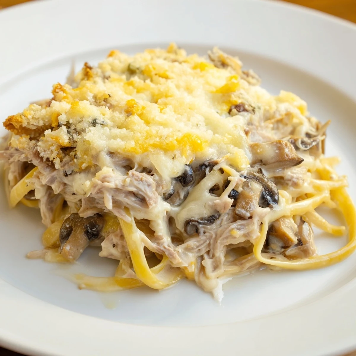 Golden, bubbling Turkey Tetrazzini casserole, a creamy pasta dish with tender turkey and cheese.