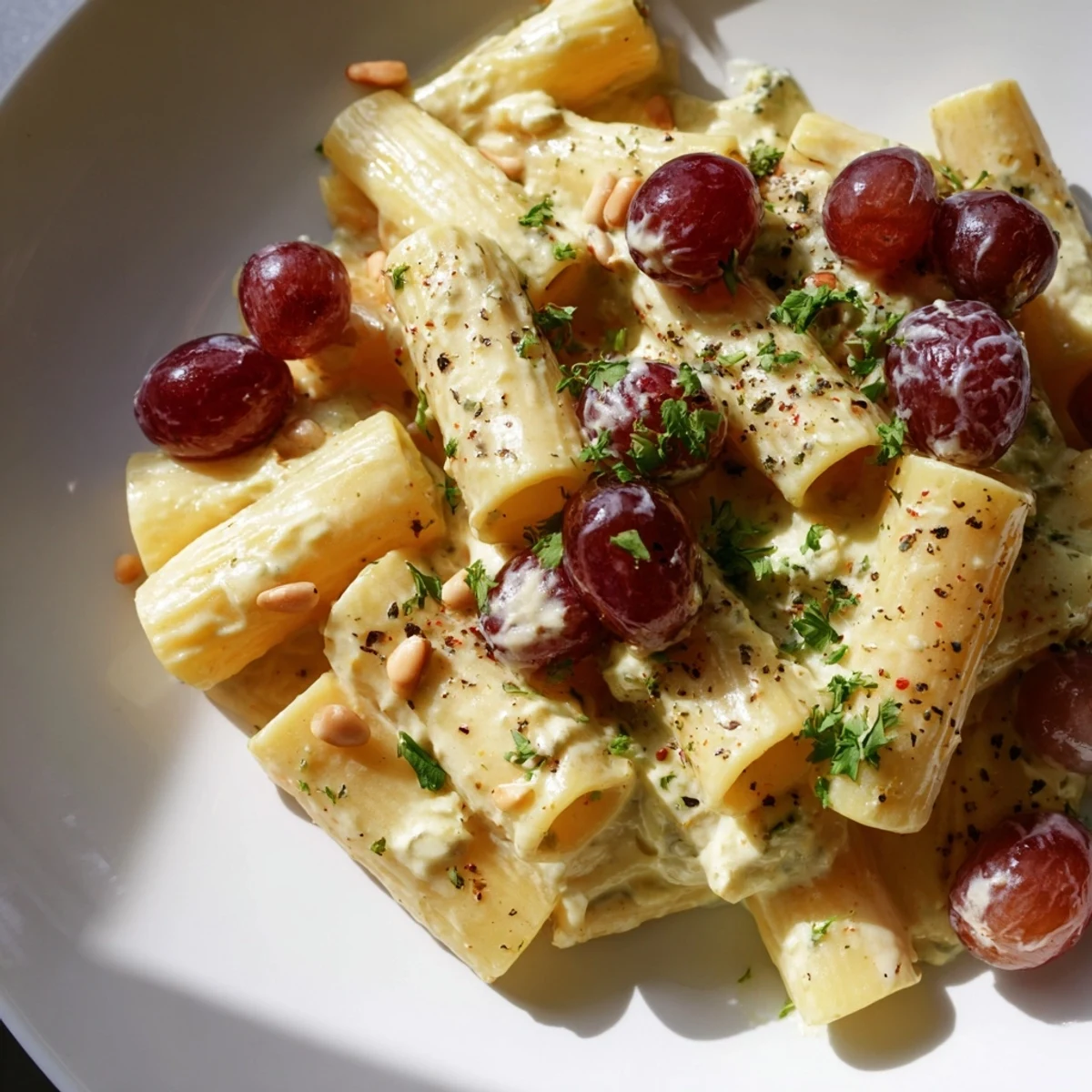 Creamy ricotta coats the perfectly cooked pasta with roasted grapes in this delicious recipe.