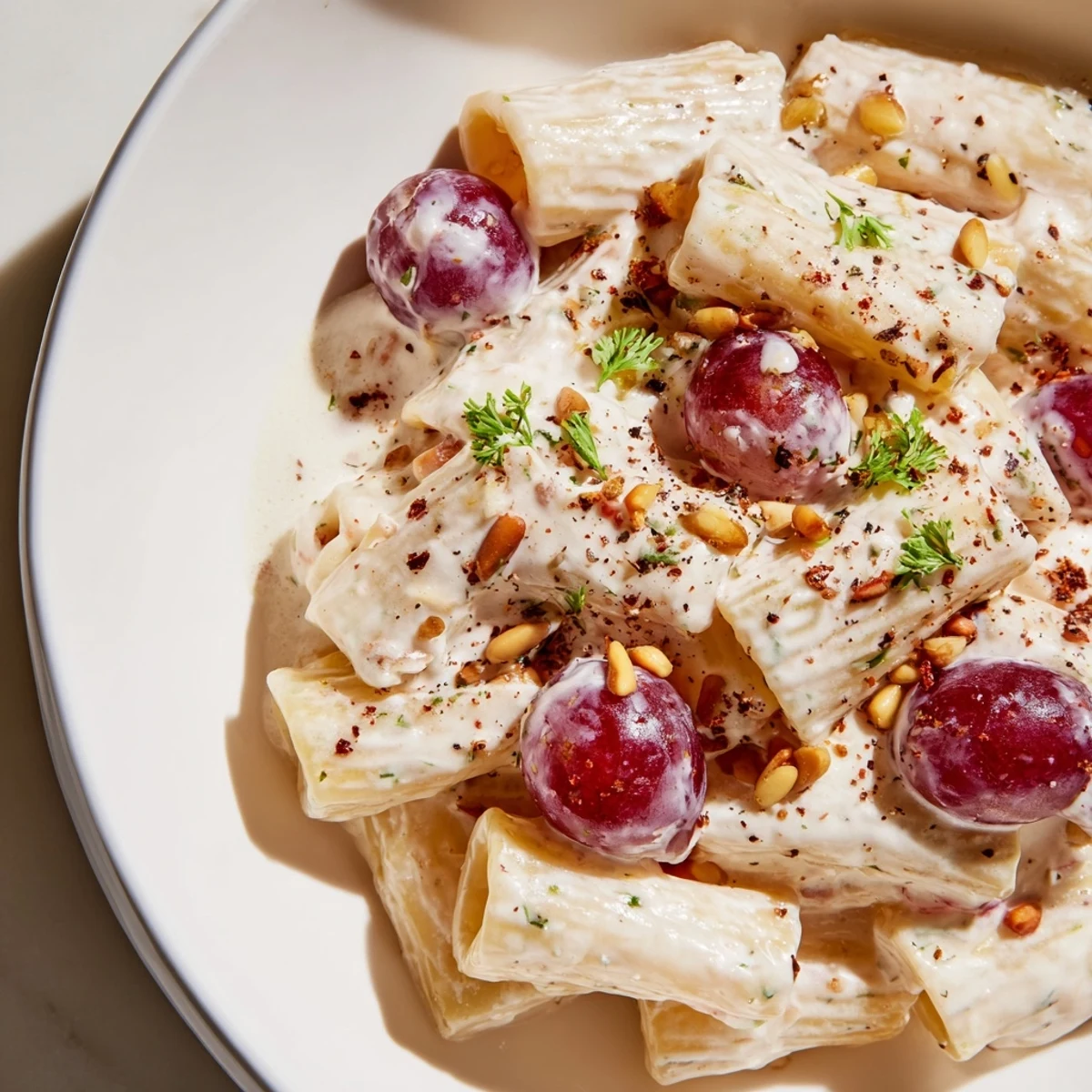 A close-up shot of the Pasta with Roasted Grapes and Ricotta shows juicy grapes and fresh basil.
