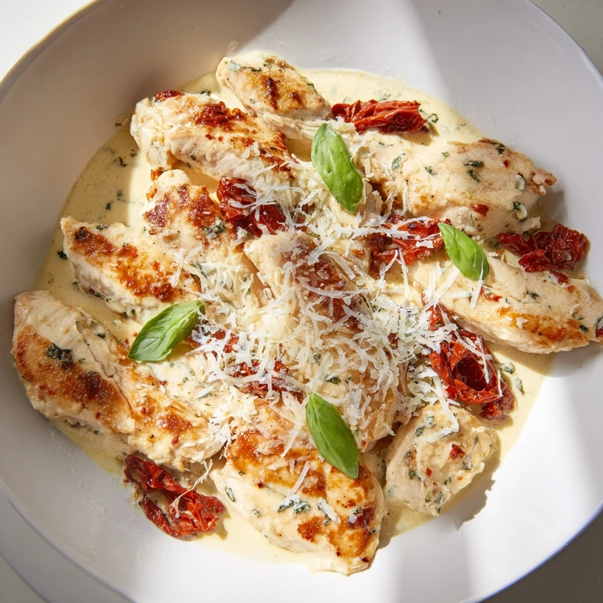A close-up of Marry Me Chicken in a sizzling skillet with a Parmesan cheese snow topping.