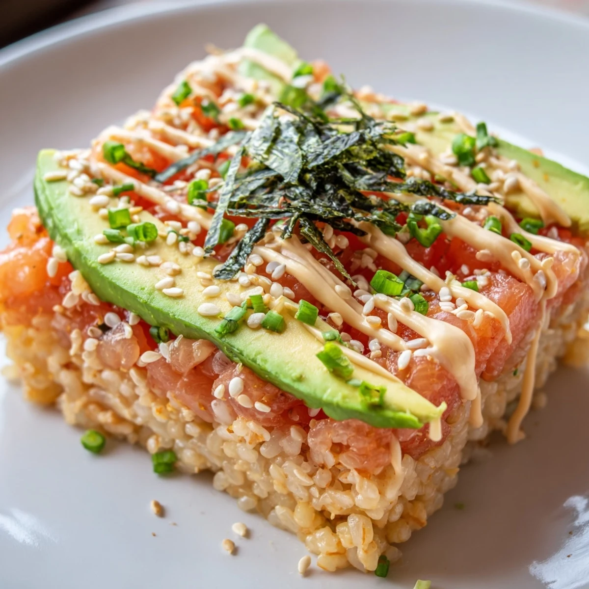 A stack of crispy rice salmon, golden and crunchy, topped with creamy avocado.