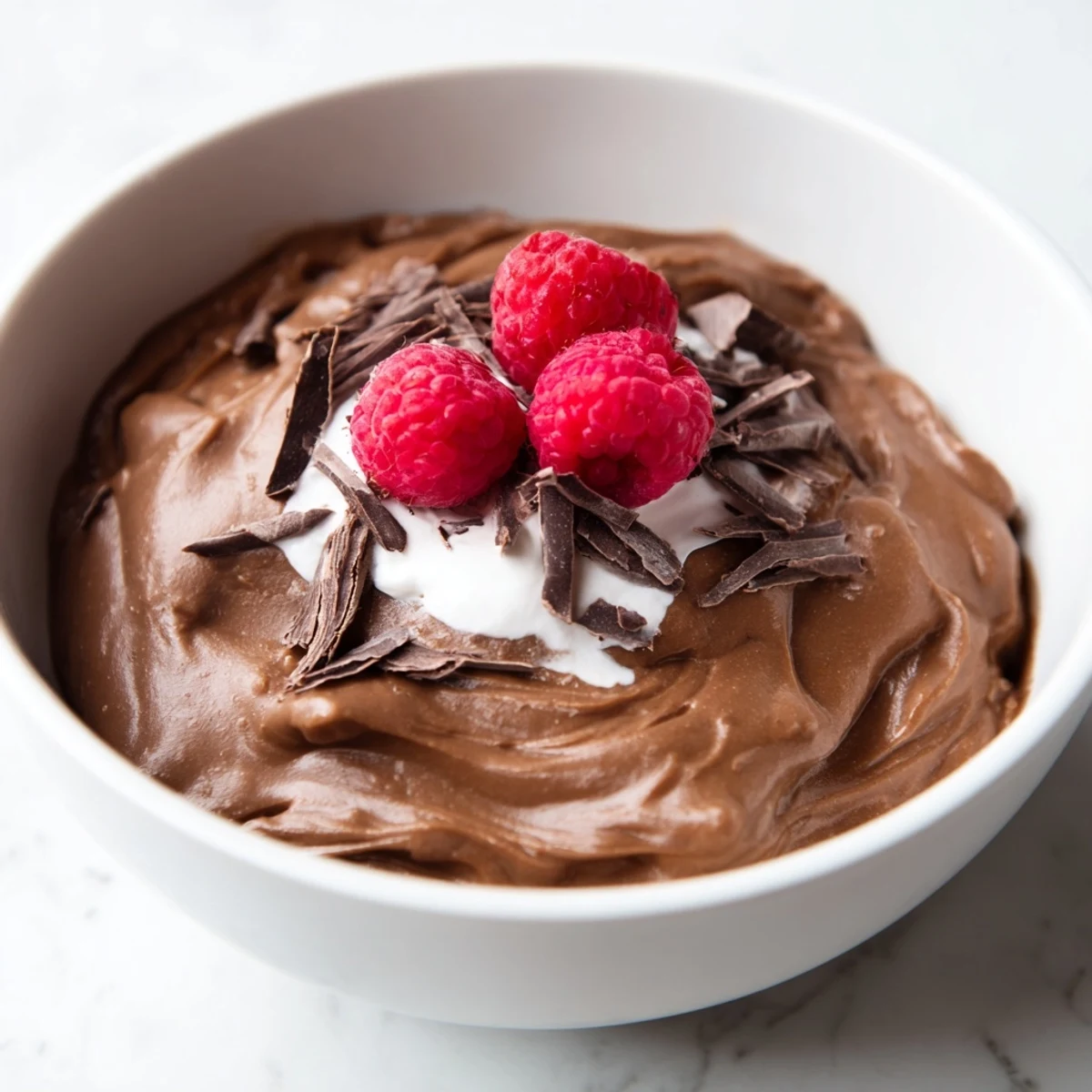 Creamy avocado chocolate pudding, swirled and topped with fresh berries, a decadent vegan dessert.