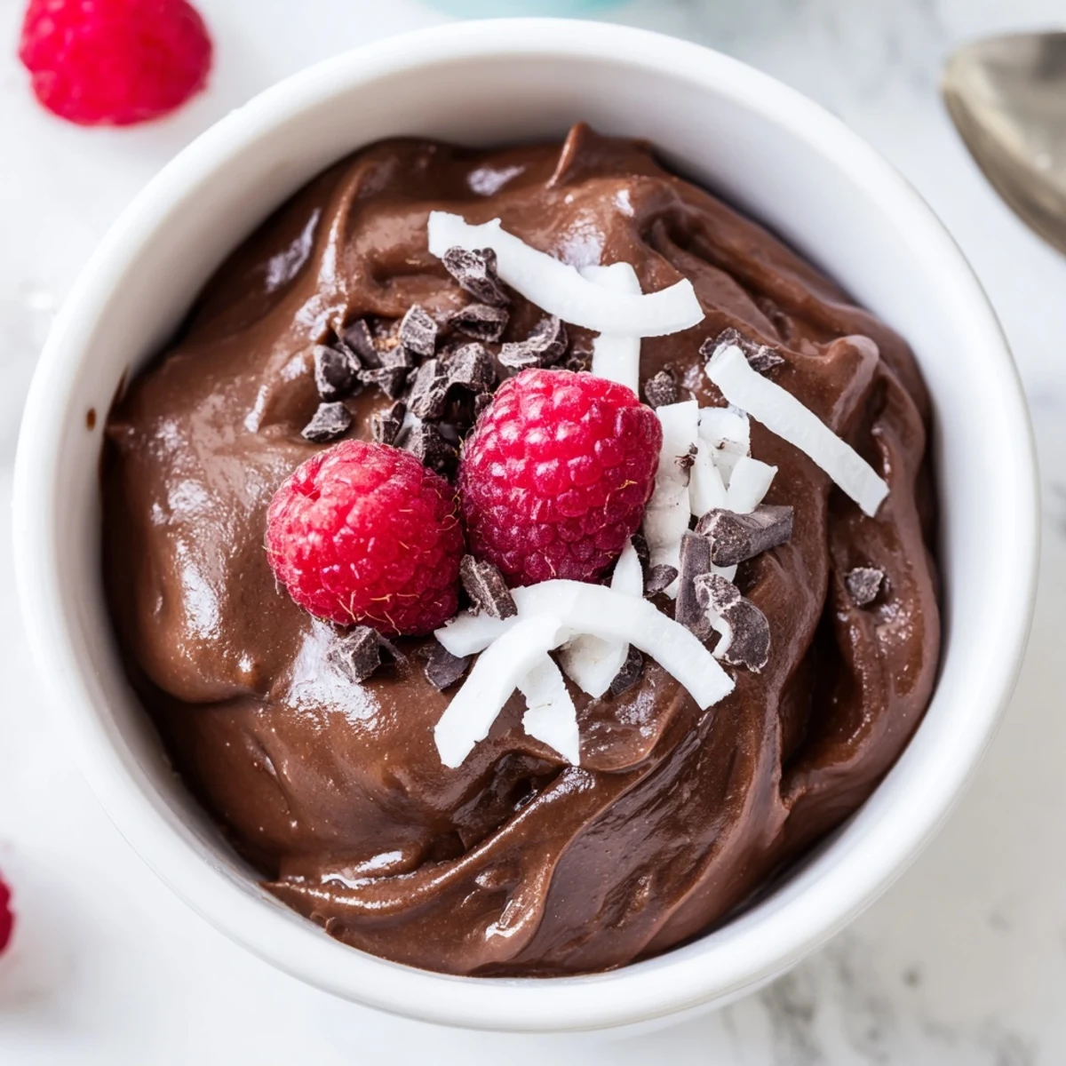 A close-up of a bowl of avocado chocolate pudding, rich and dark, ready to be enjoyed.