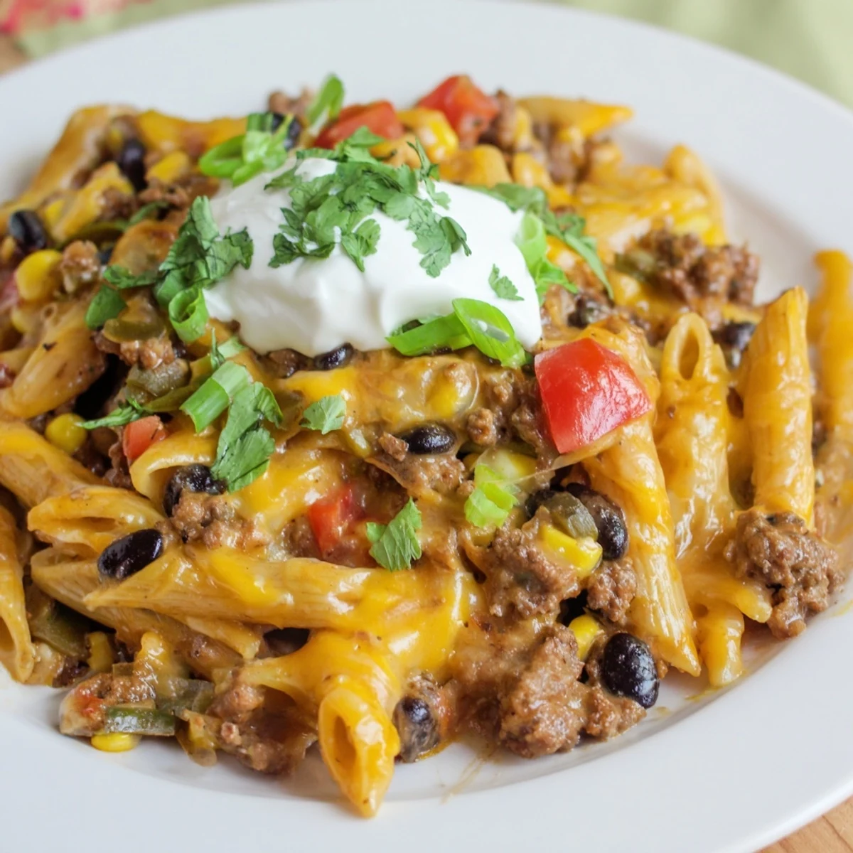 Creamy, cheesy bowl of Cheesy Taco Pasta topped with fresh cilantro, ready to eat.
