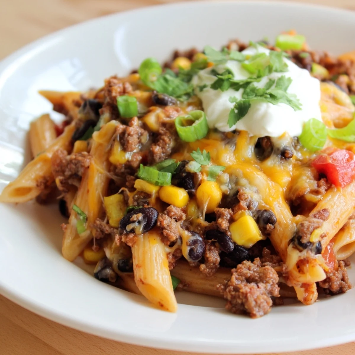 A bubbling skillet of Cheesy Taco Pasta: a family-friendly, one-pot Tex-Mex delight.