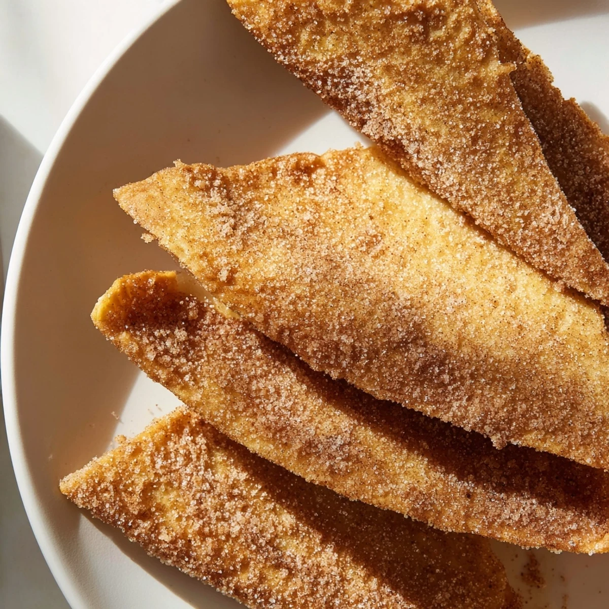 Golden-brown cinnamon sugar tortilla chips, a simple dessert, ready to enjoy with a sweet dip.