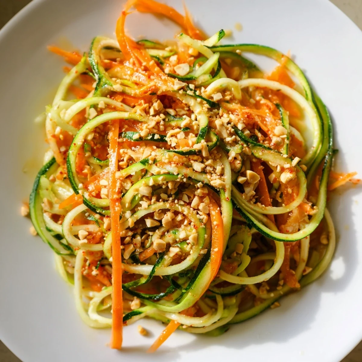Refreshing Spicy Cucumber Noodle Bowl, vibrant with spiralized cucumbers and a fiery chili sauce.