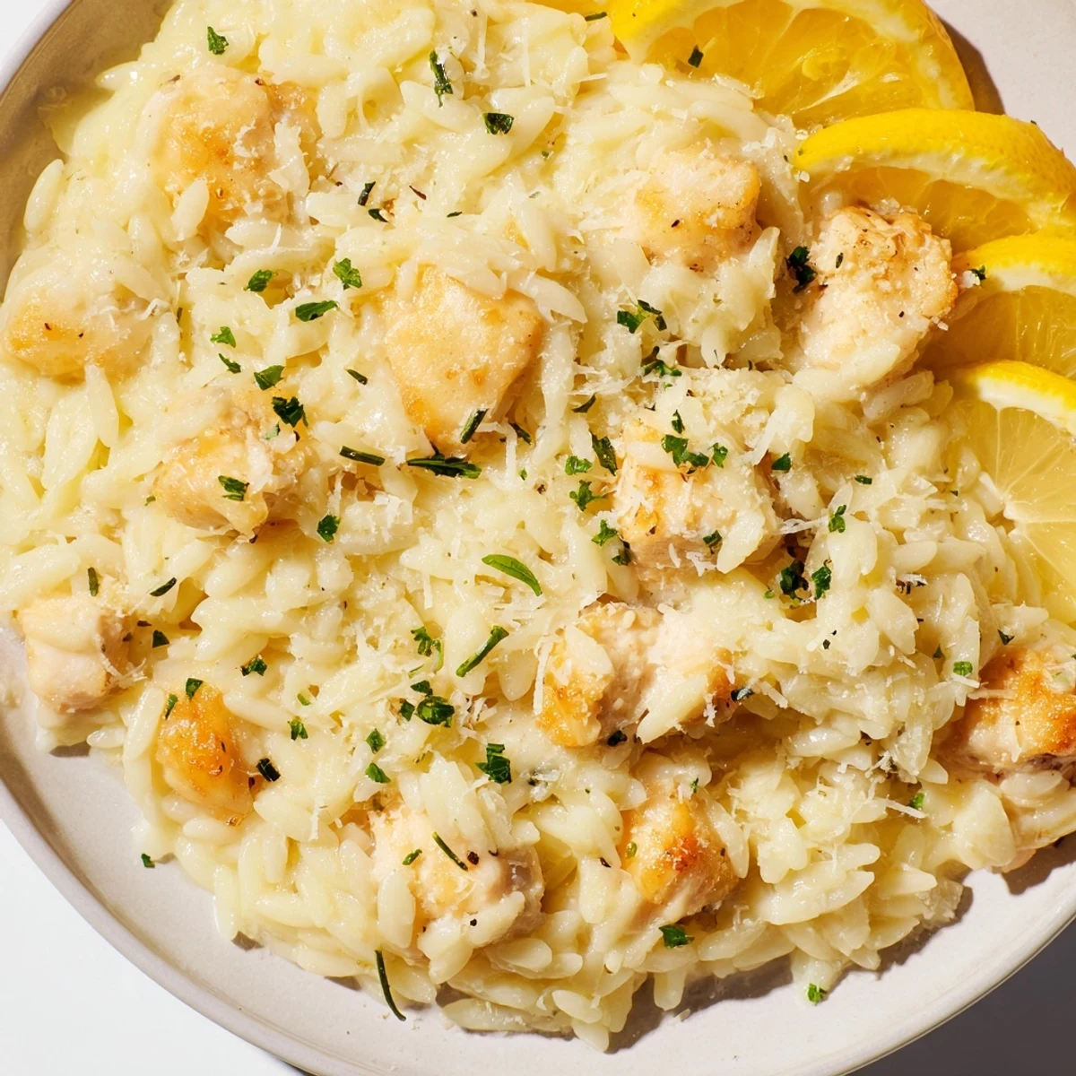 Golden chicken pieces nestled with creamy orzo in this Creamy Lemon Chicken Orzo dish.
