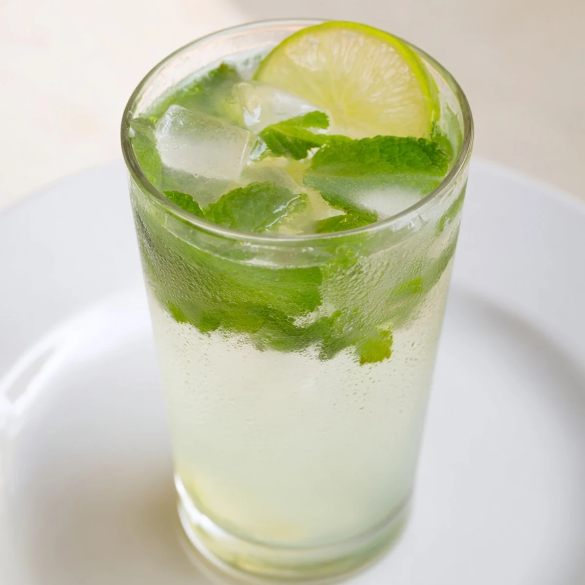 A tall glass of Mint Lime Agua Fresca, garnished with lime, refreshing on a summer day.