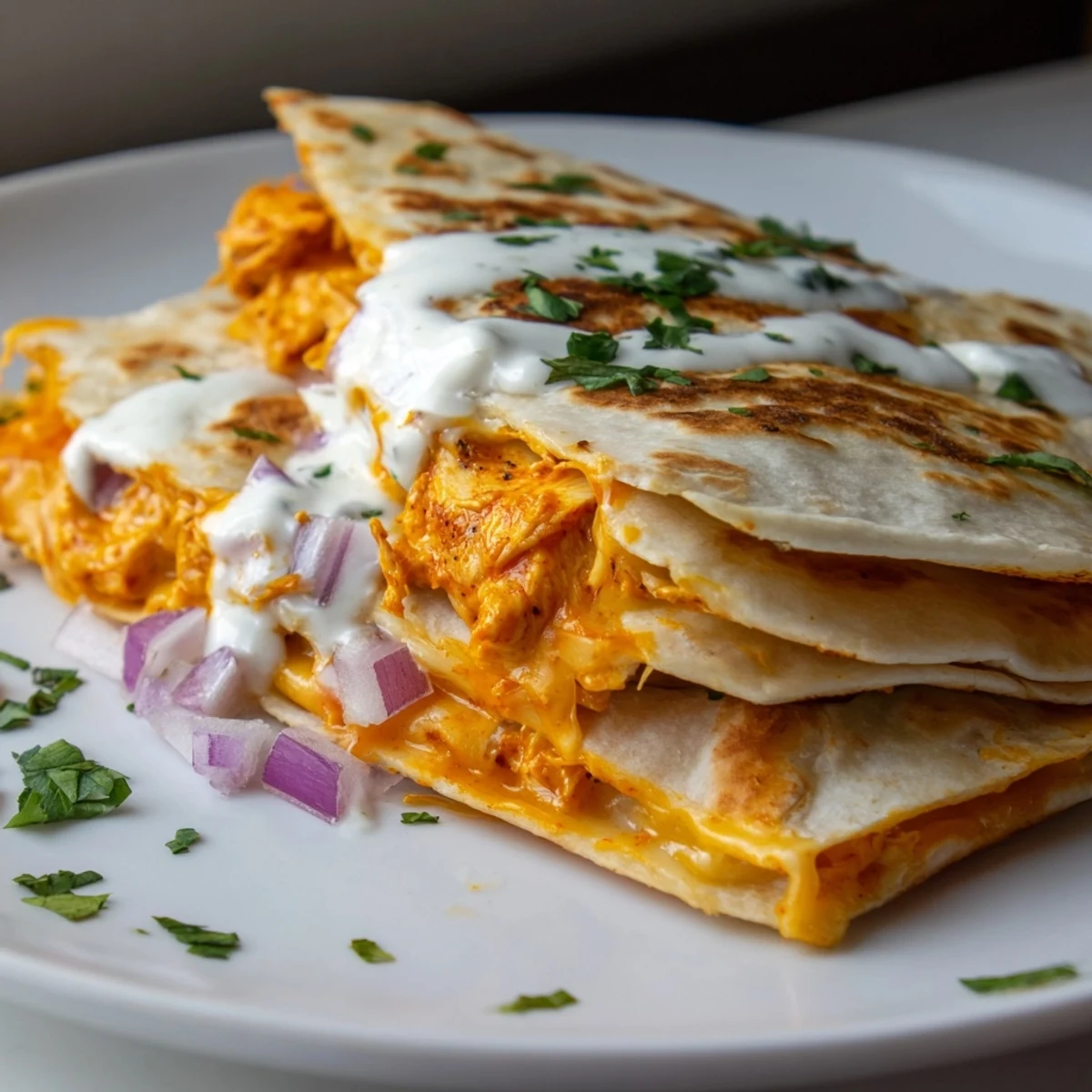 Here are the 3 ALT texts for the Buffalo Chicken Quesadilla recipe: