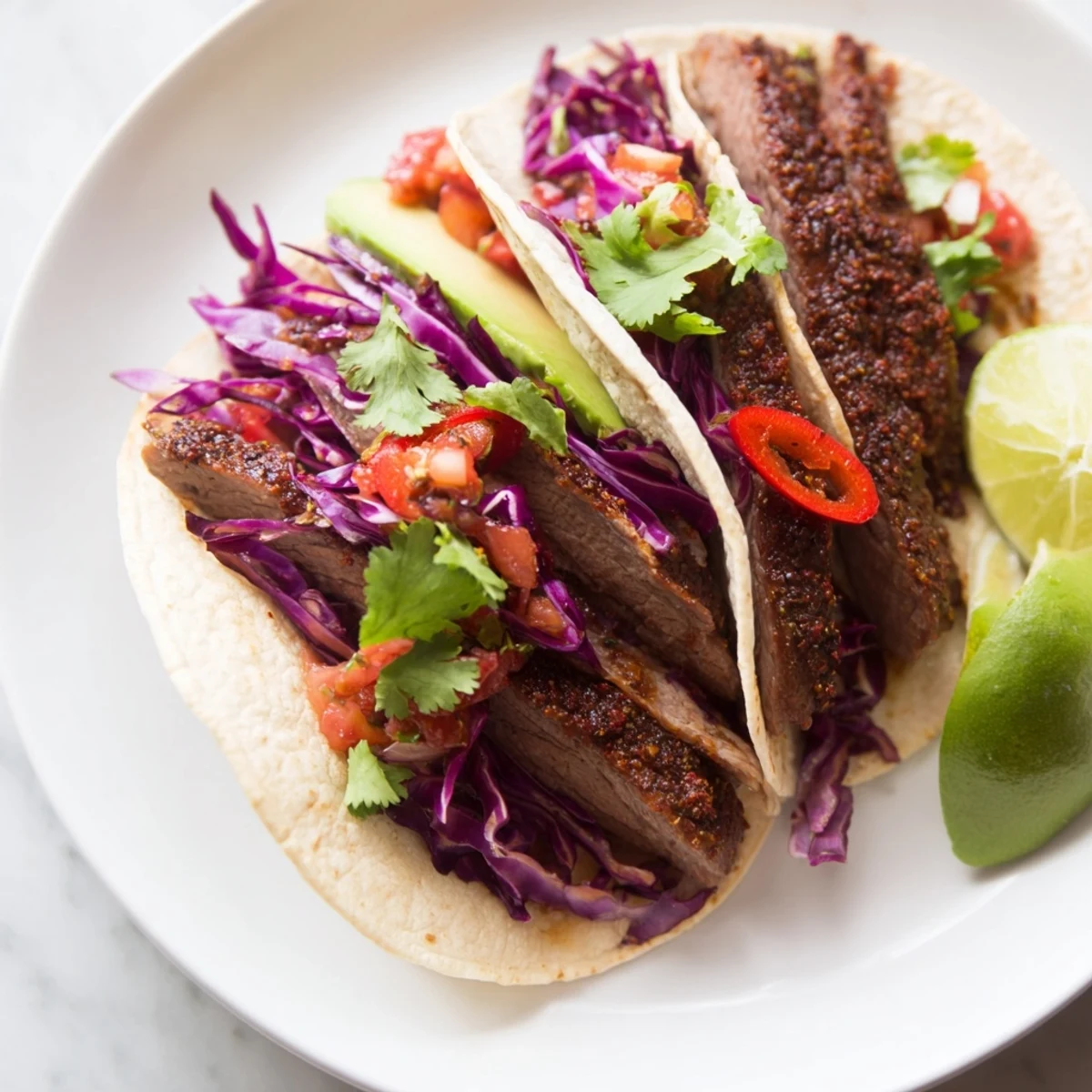 Tender, grilled coffee-rubbed steak tacos, bursting with flavor, ready to be assembled with fresh toppings.