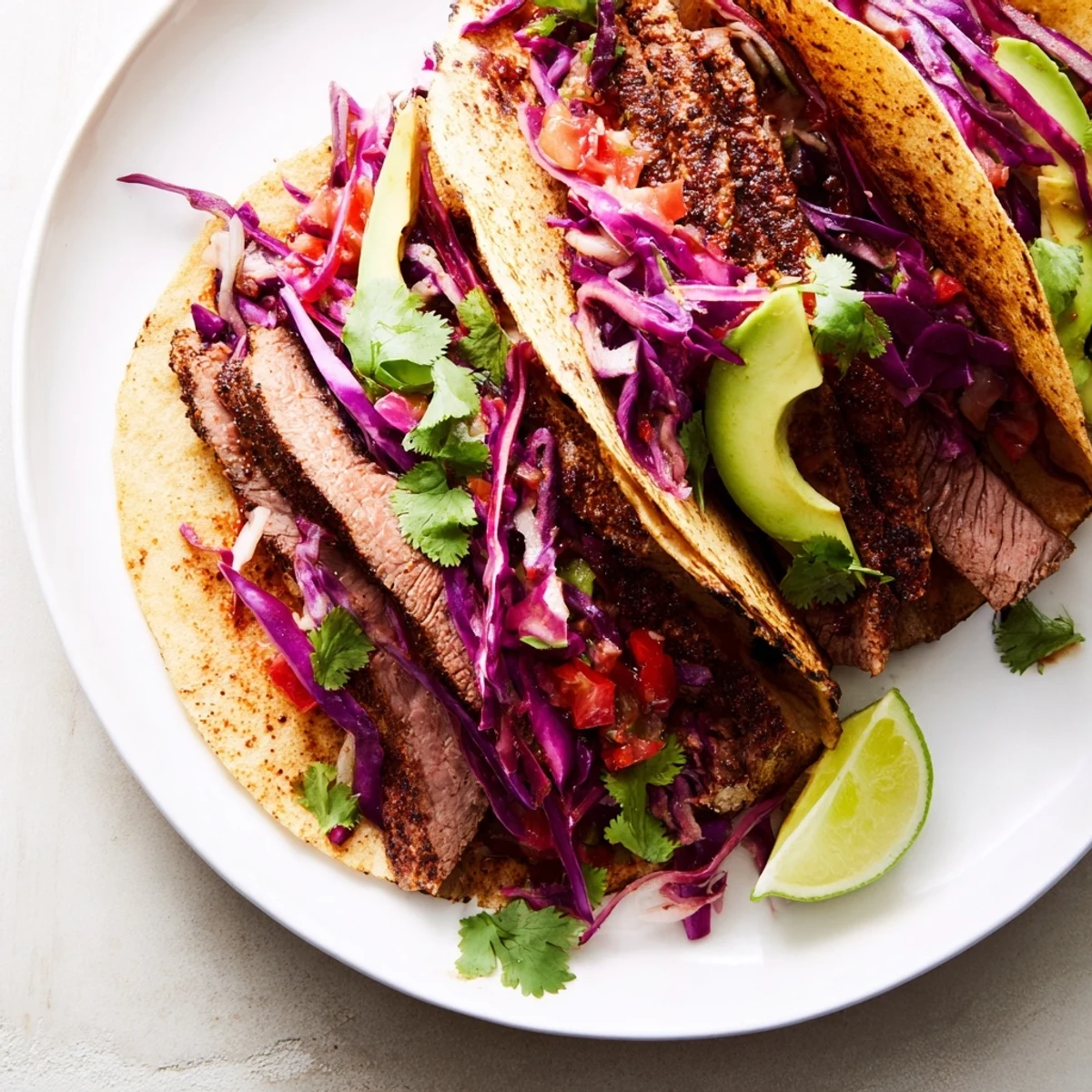 Close-up of coffee-rubbed steak tacos with vibrant toppings, promising a flavorful Mexican-American meal.