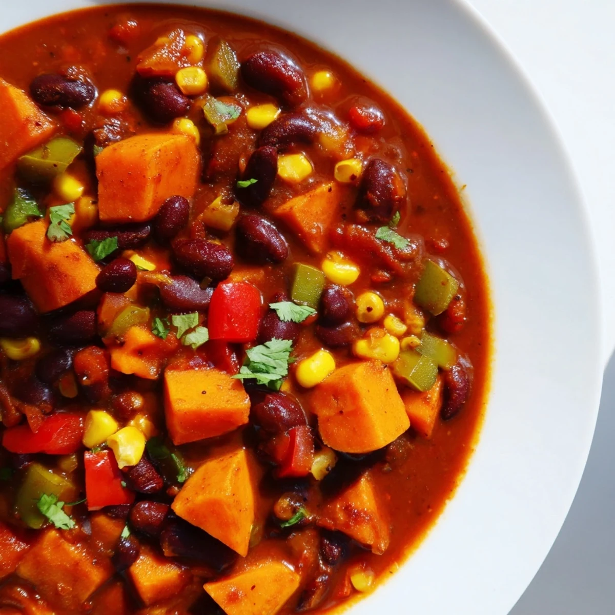 A steaming bowl of Smoky Sweet Potato Chili, filled with colorful vegetables and hearty beans.