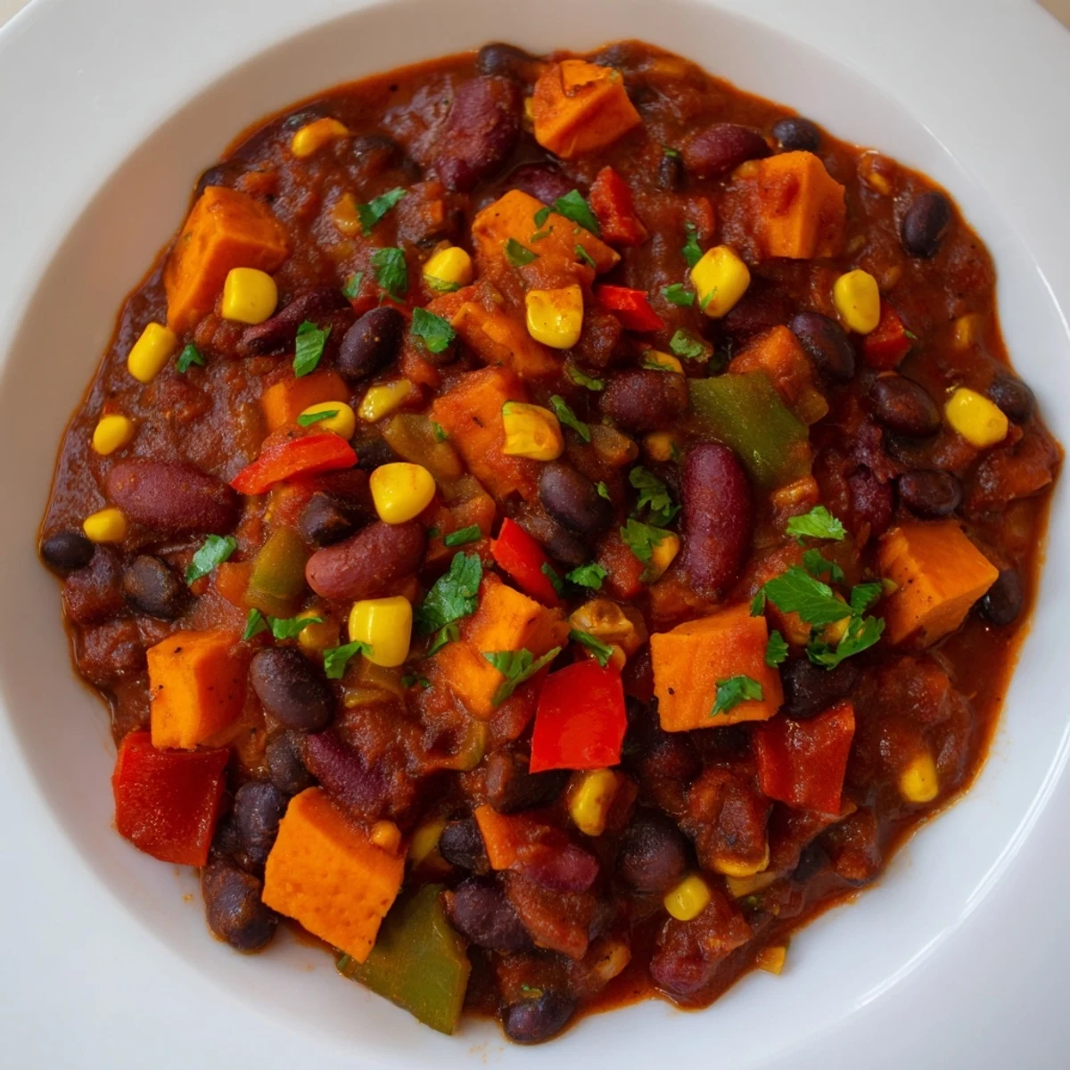 Close-up of Smoky Sweet Potato Chili, showcasing the rich, smoky flavor and hearty texture.