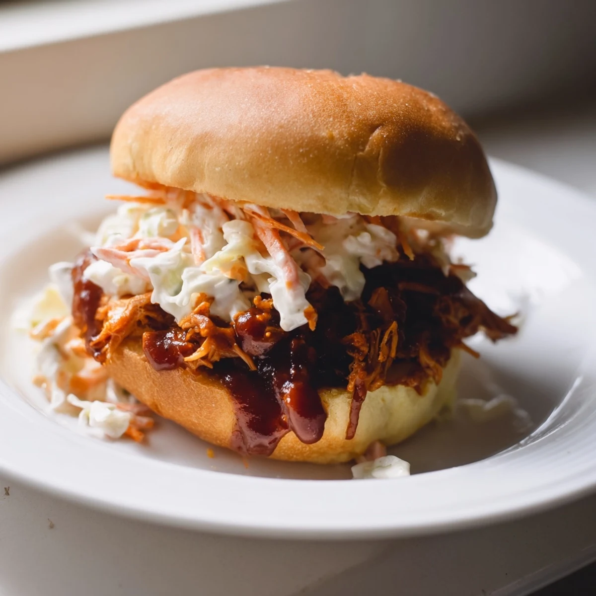 Juicy BBQ jackfruit sliders: a close-up shows tender vegan pulled pork on toasted buns.