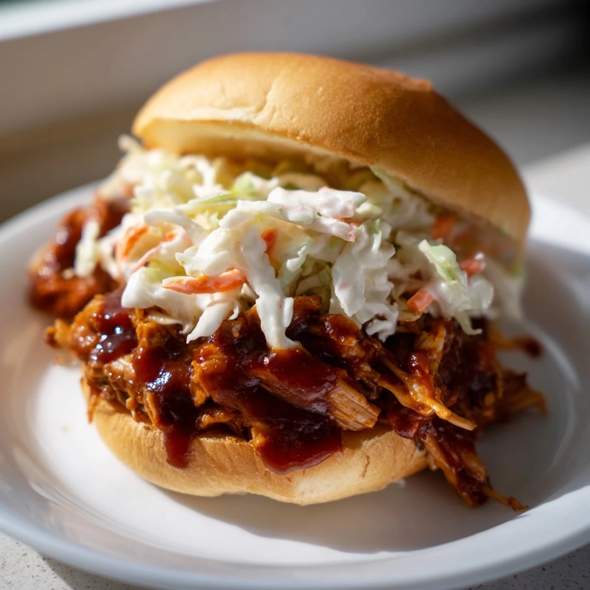 Smoky BBQ jackfruit sliders, piled high with coleslaw, perfect for a summer cookout meal.