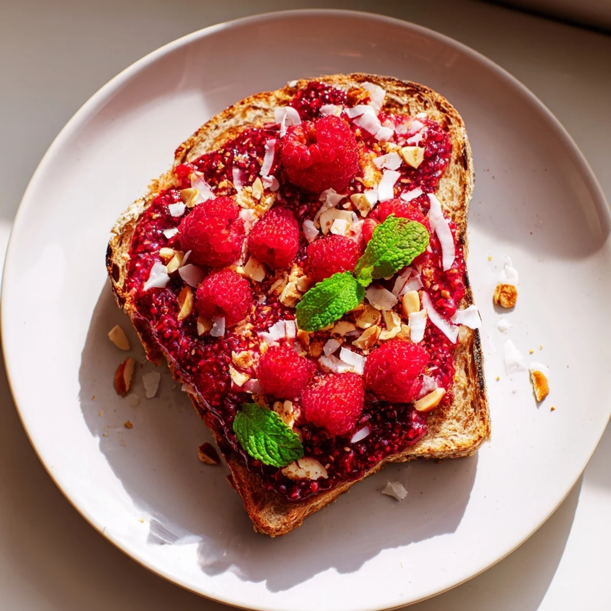 A photo captures delicious raspberry chia jam toast with fresh raspberry topping, perfect breakfast.