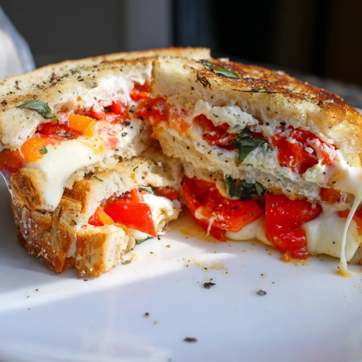 Golden, crispy Roasted Red Pepper Grilled Cheese, with melted cheese and sweet red pepper strips, ready to eat.