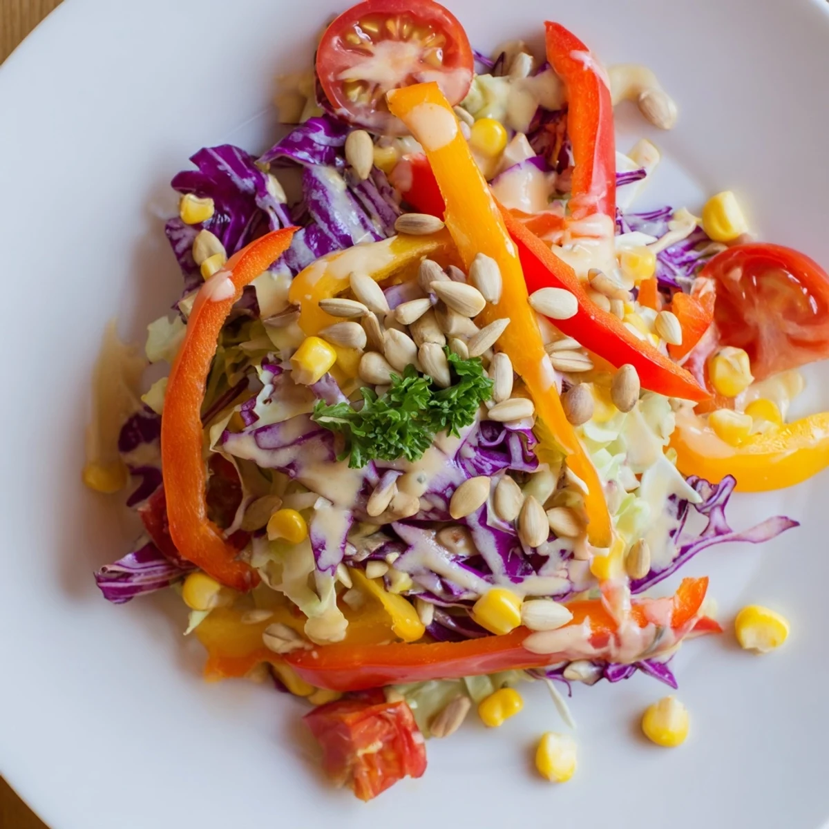 This Rainbow Salad presents a beautiful medley of crunchy vegetables, tossed and ready to eat.