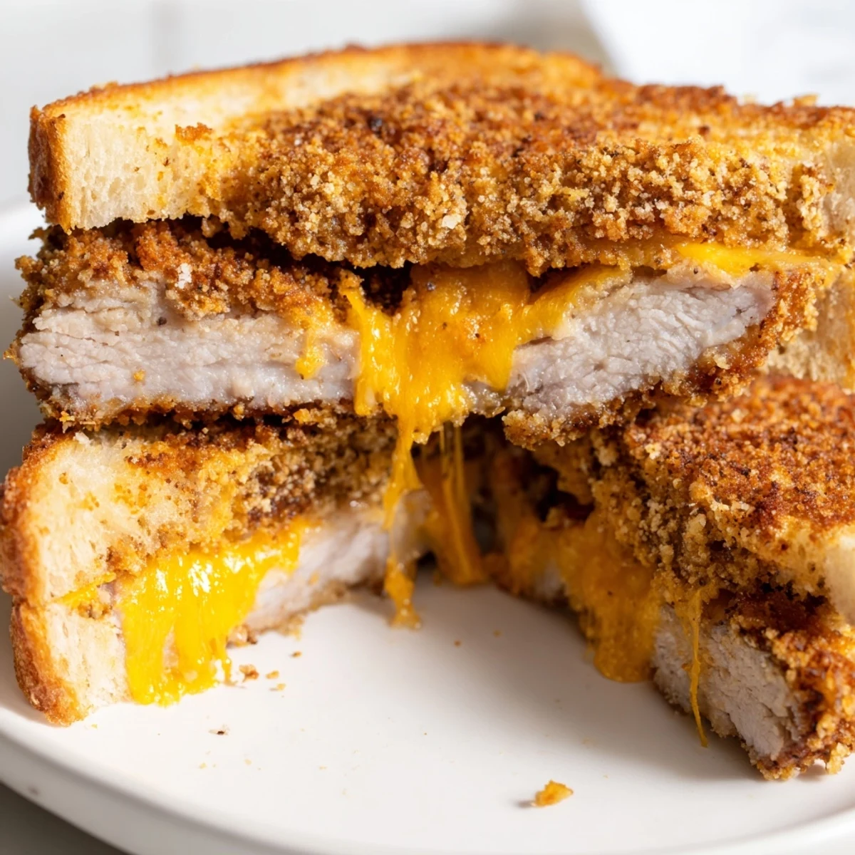 Crispy Panko Pork Chop Grilled Cheese with melted cheese oozing from golden, toasted bread.