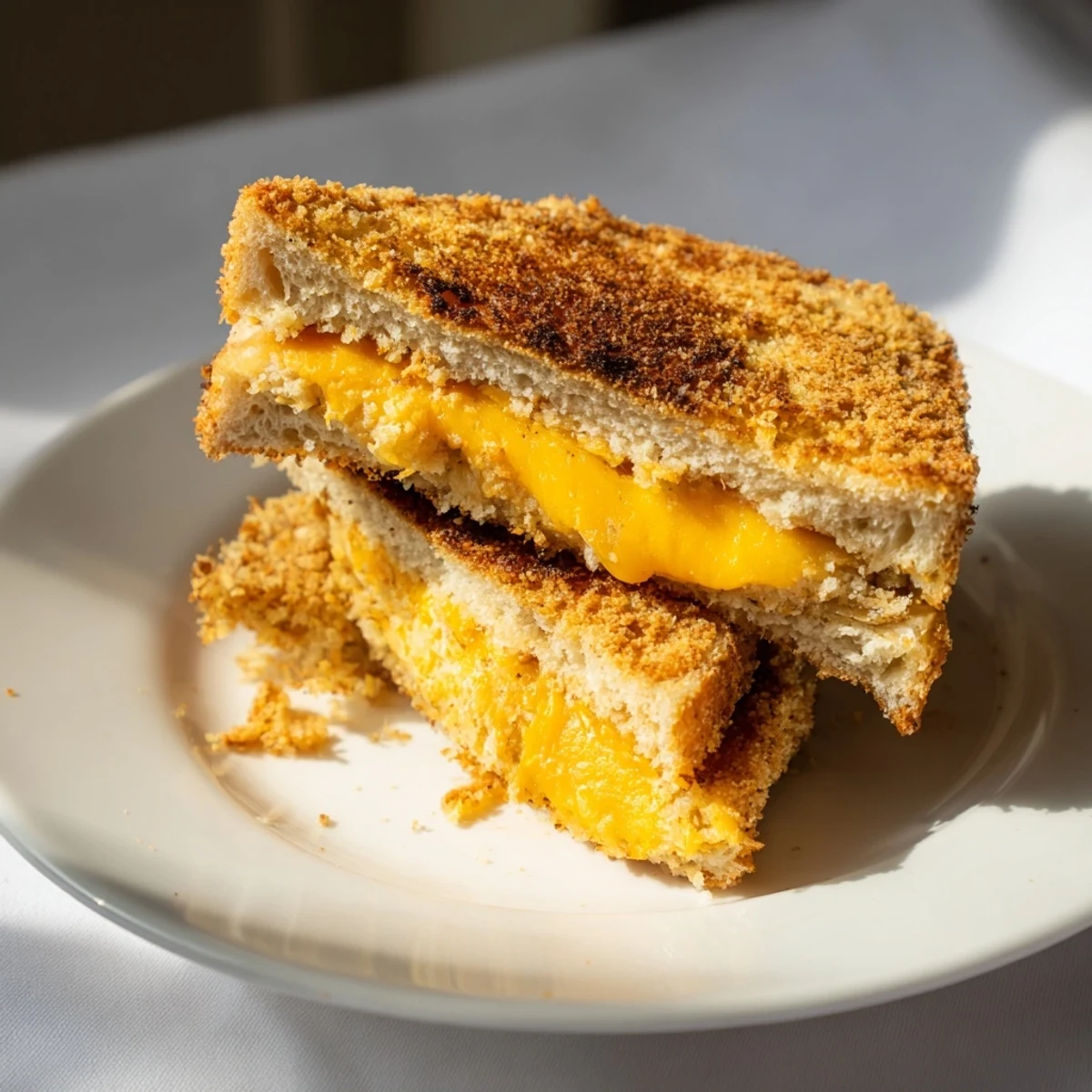 A close-up of a delicious Crispy Panko Pork Chop Grilled Cheese, showing the juicy pork and cheese.