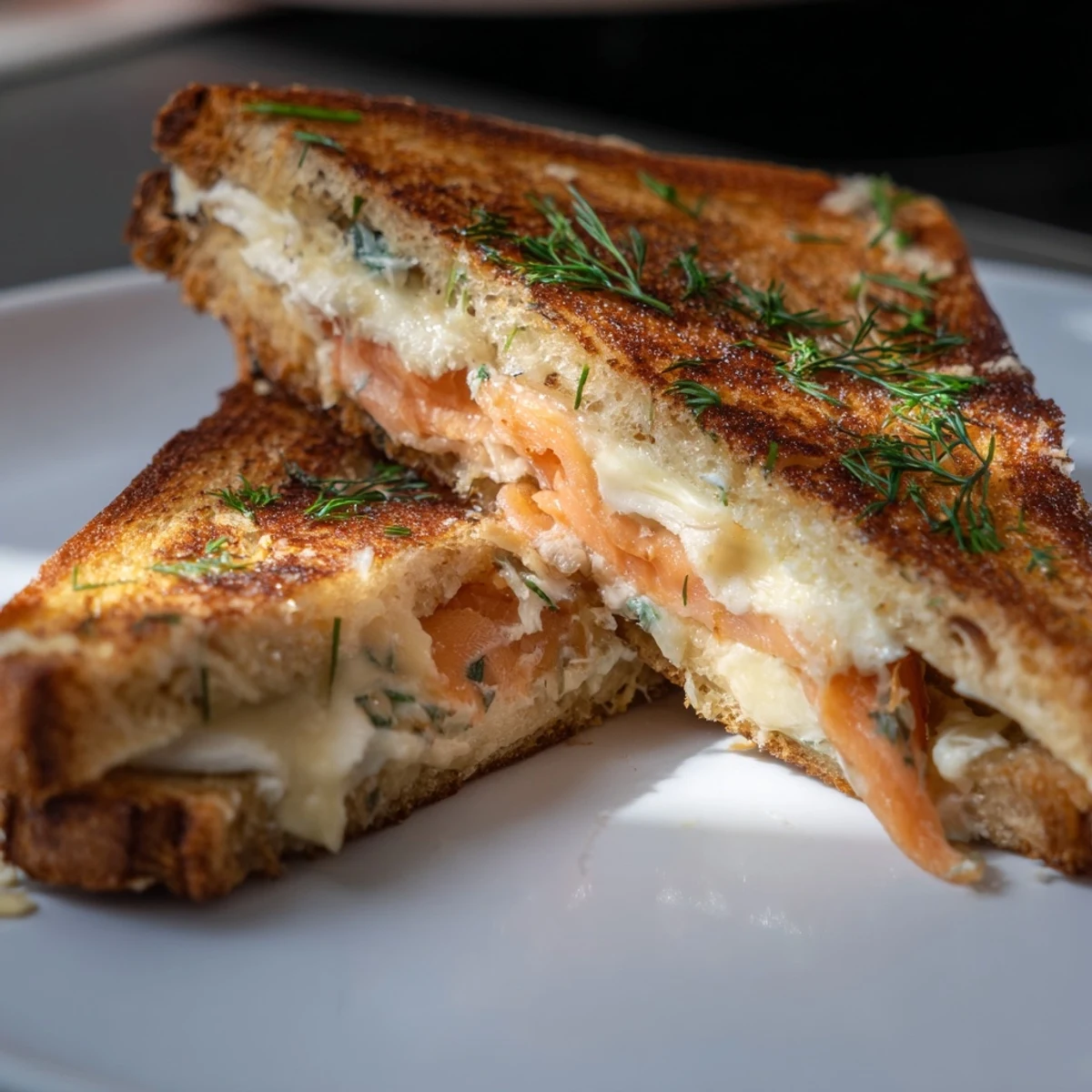 Warm, melty Smoked Salmon Grilled Cheese, with golden bread, savory salmon, and creamy cheese oozing.