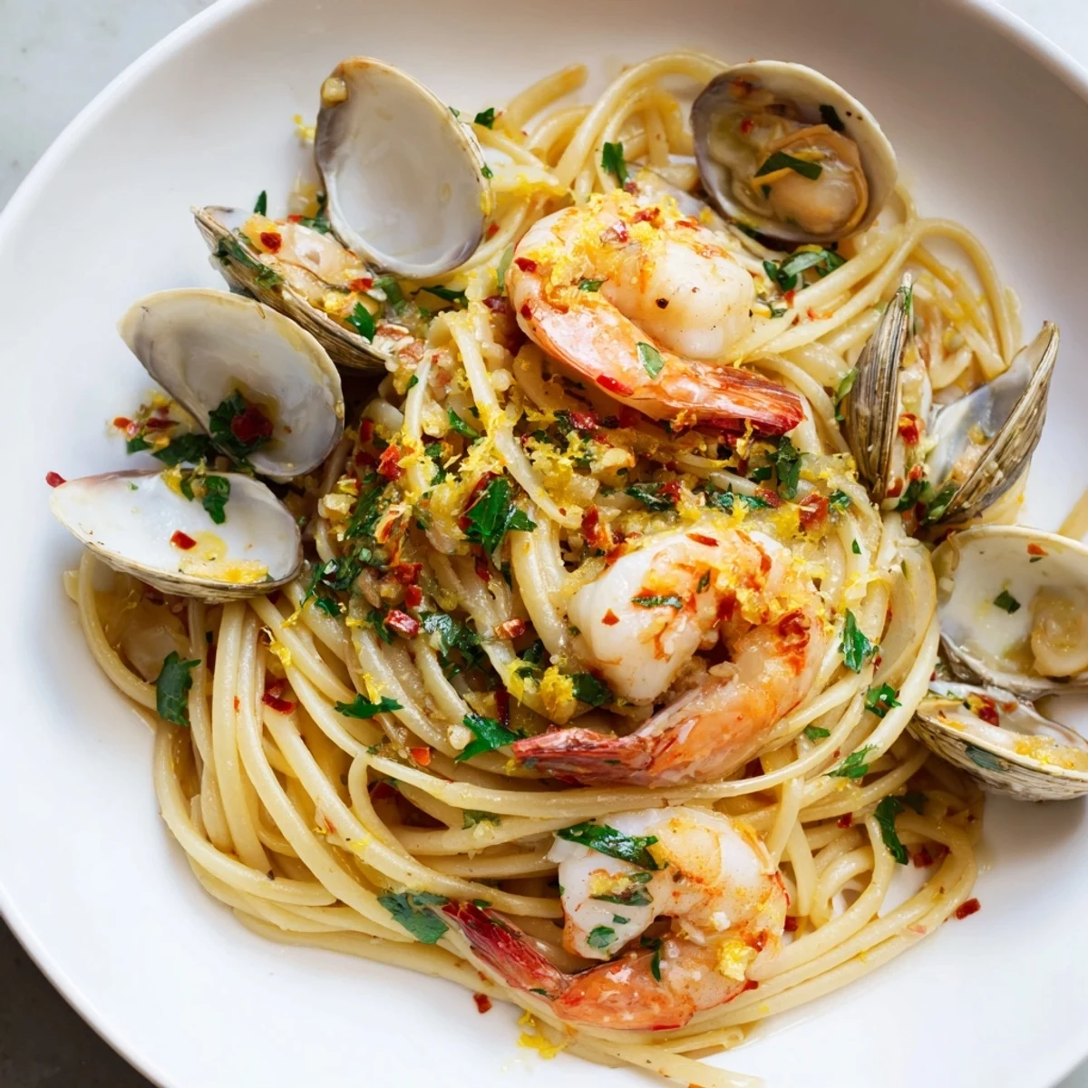Close-up of al dente Seafood Pasta Aglio e Olio, garnished with parsley, a delicious Italian meal.