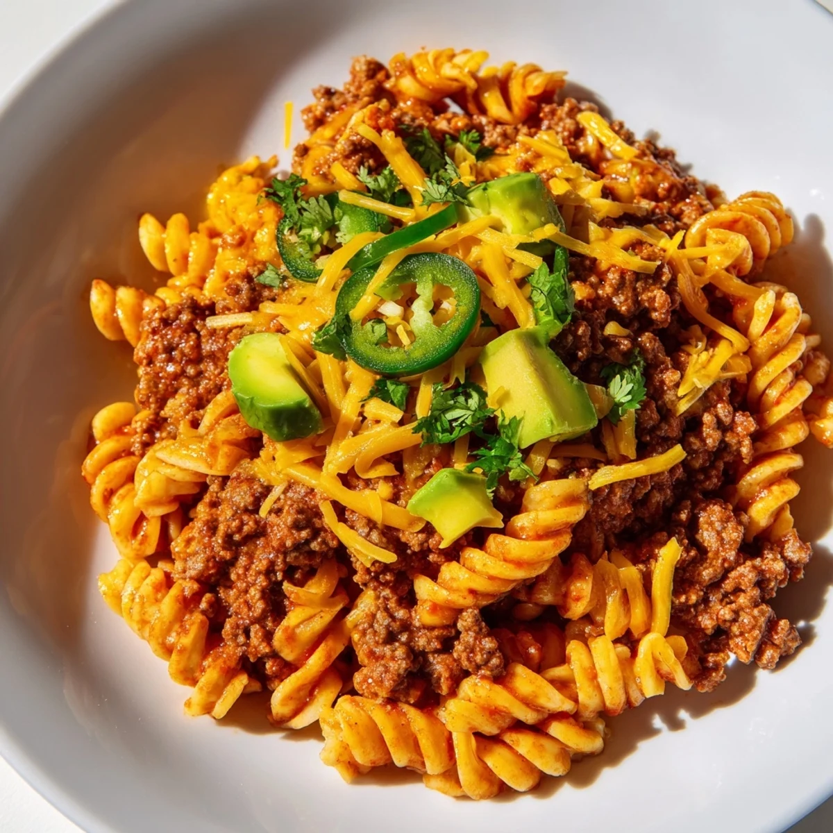 Golden-brown Beef Taco Pasta Skillet topped with melted cheddar, ready for a comforting family meal.