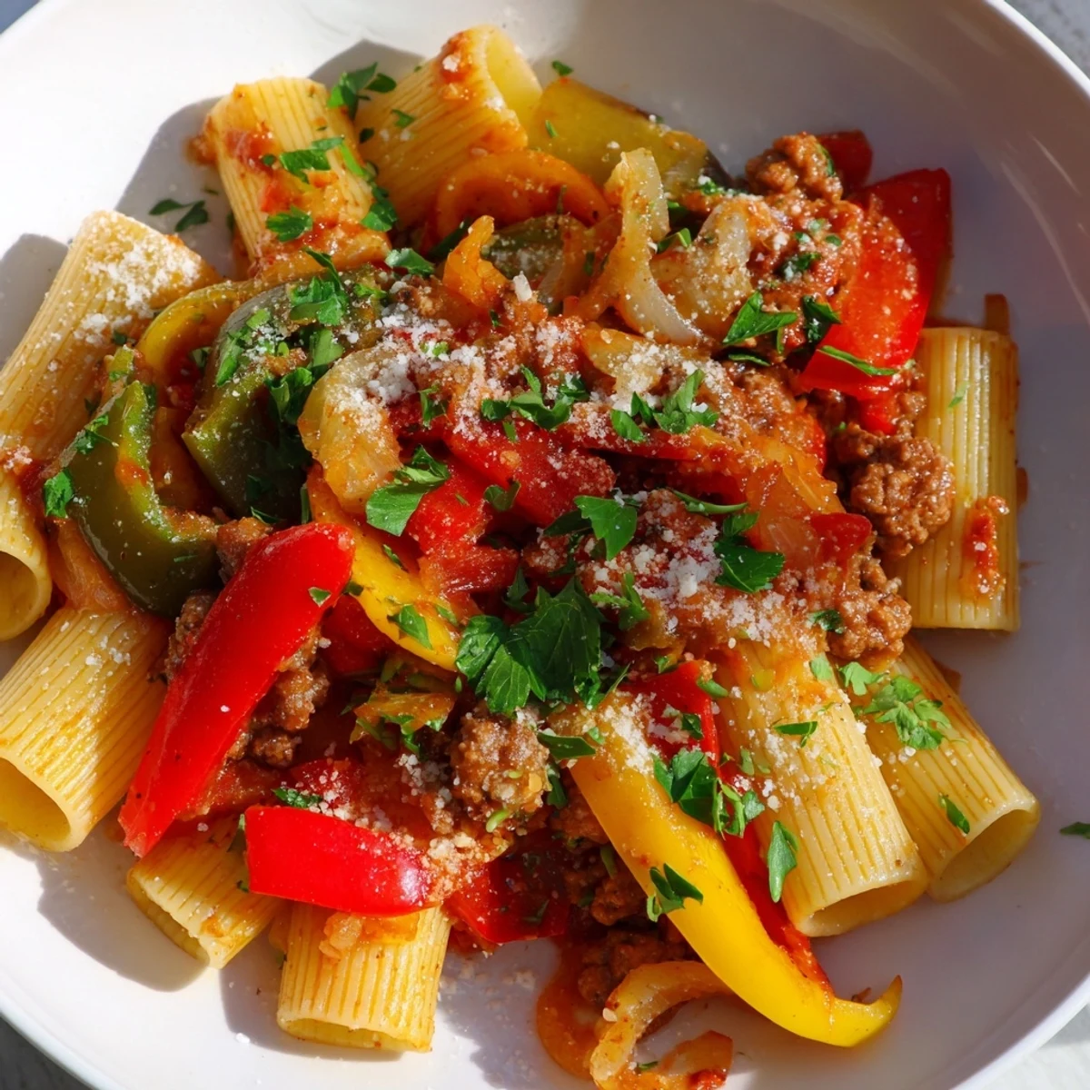 Sausage and Peppers Pasta bubbling in a skillet, showcasing the vibrant colors of peppers.