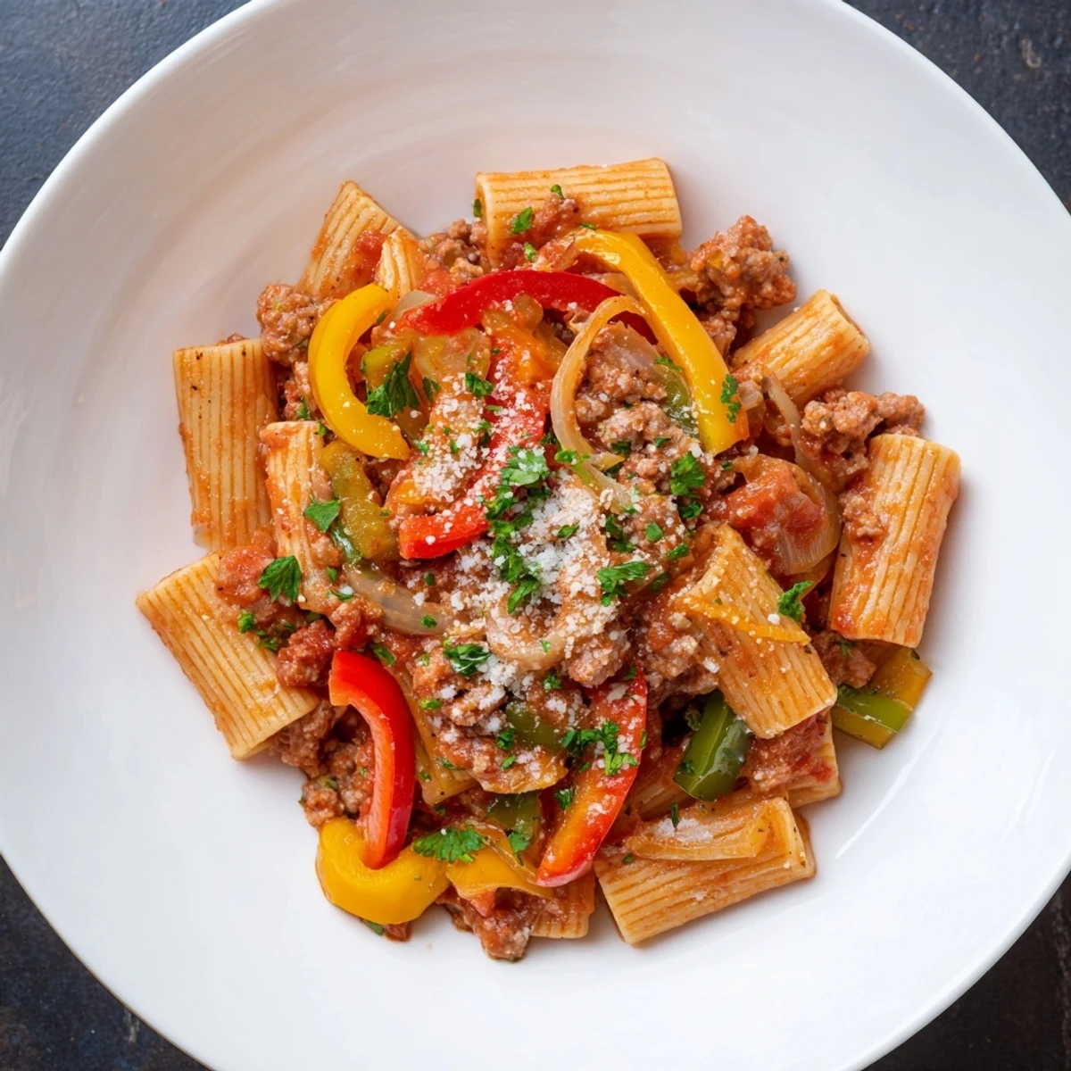 Delicious Sausage and Peppers Pasta with Parmesan, a satisfying Italian-American dinner.