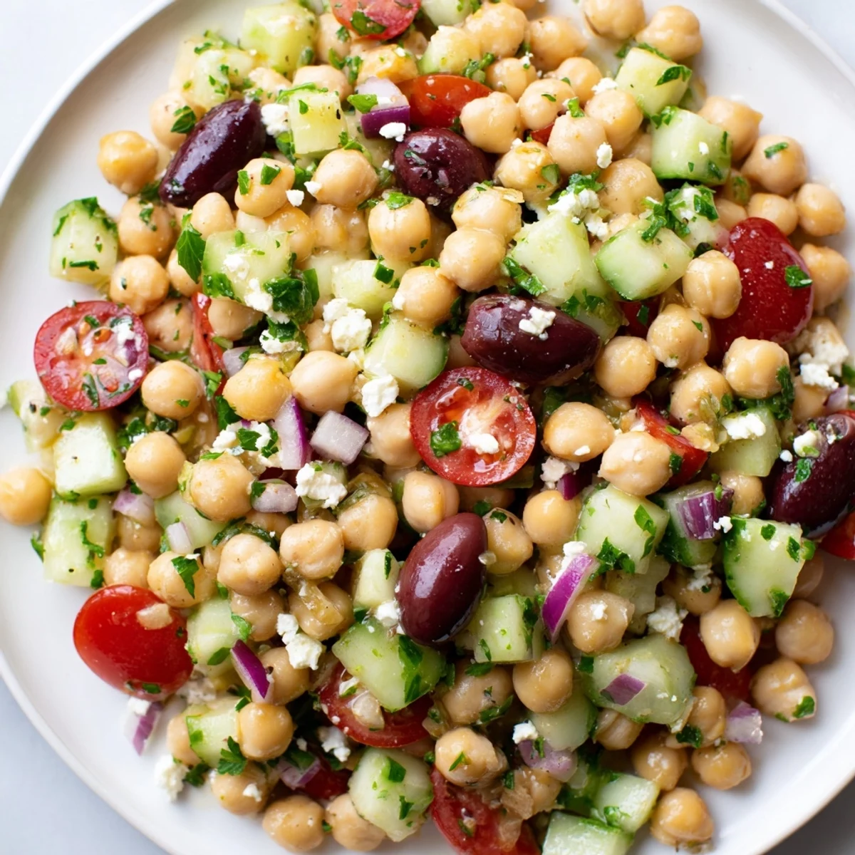Freshly tossed Mediterranean Chickpea Salad, a vibrant mix of chickpeas, tomatoes, and olives ready to eat.