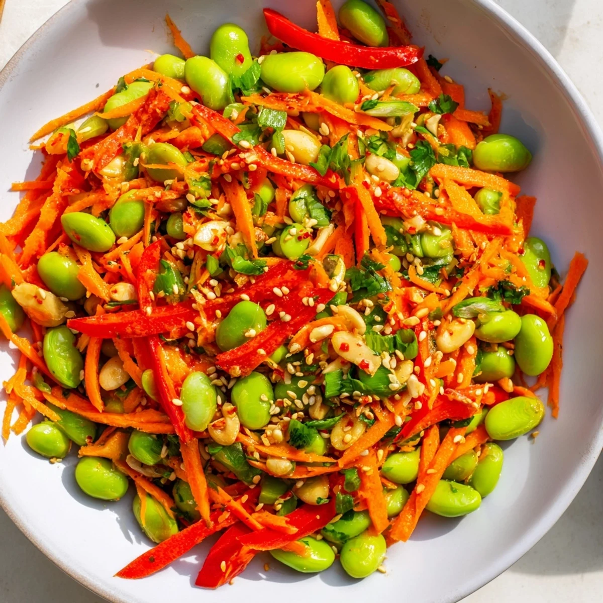 Fresh Asian Edamame Salad, featuring colorful bell peppers and carrots, ready to eat.