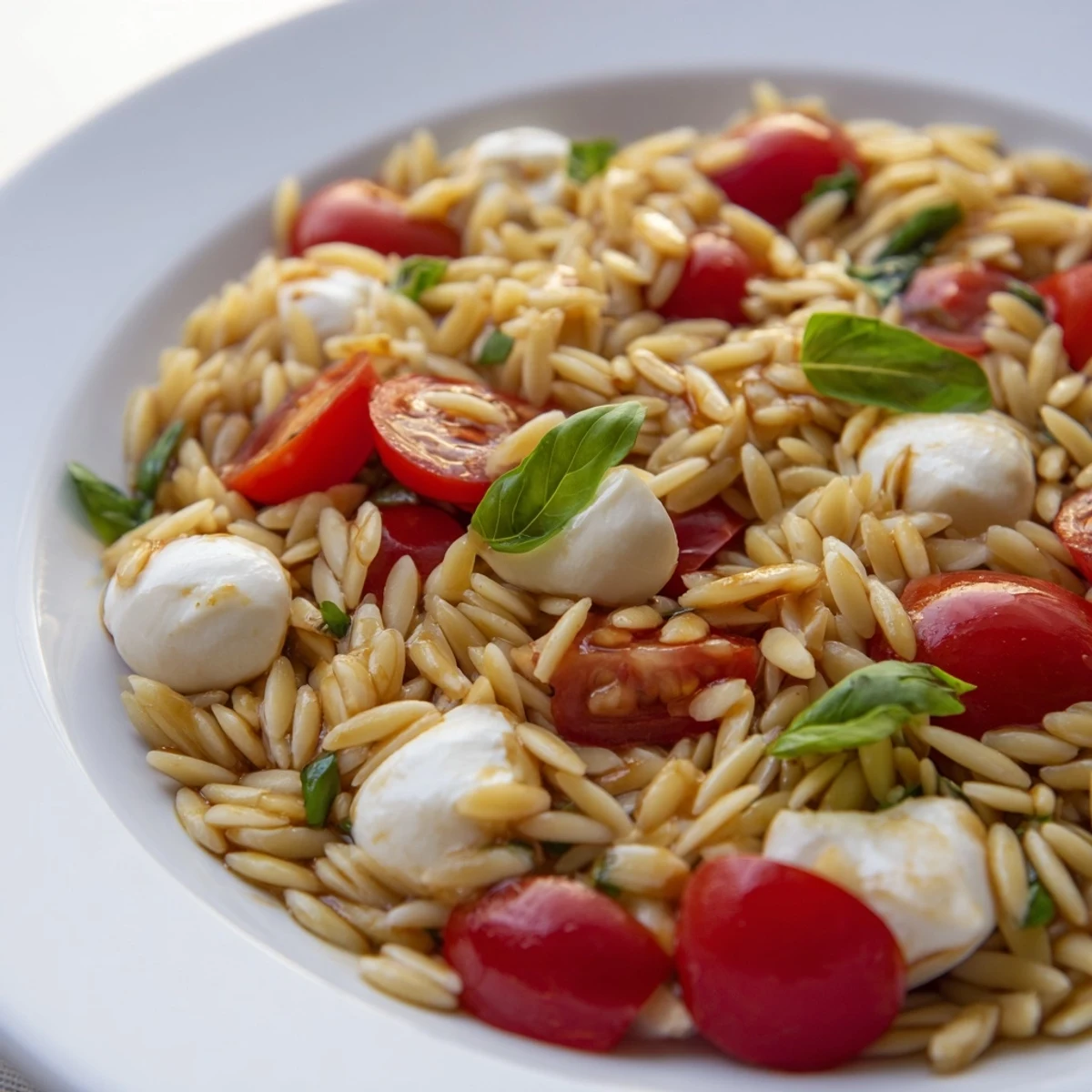 A bright, colorful Caprese Orzo Salad with juicy tomatoes, mozzarella, and a balsamic drizzle.