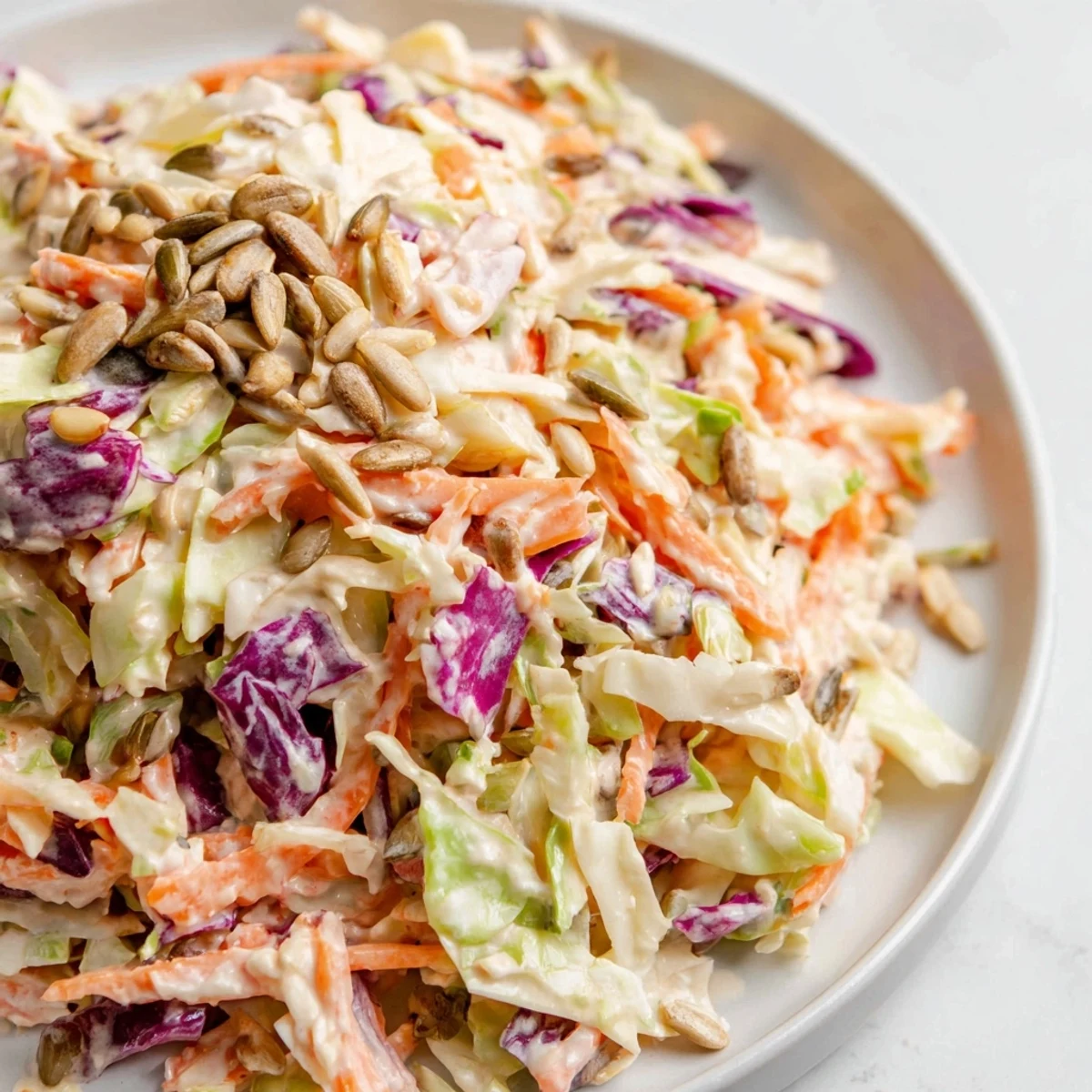 Bright, colorful crunchy coleslaw salad, with crisp cabbage and a creamy dressing, ready to enjoy.